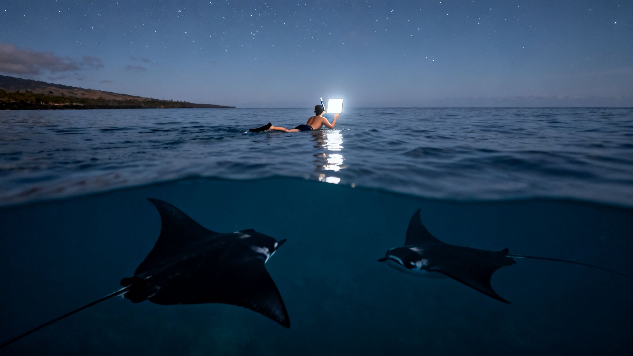 A person night snorkeling illuminates two majestic manta rays under a starry sky.