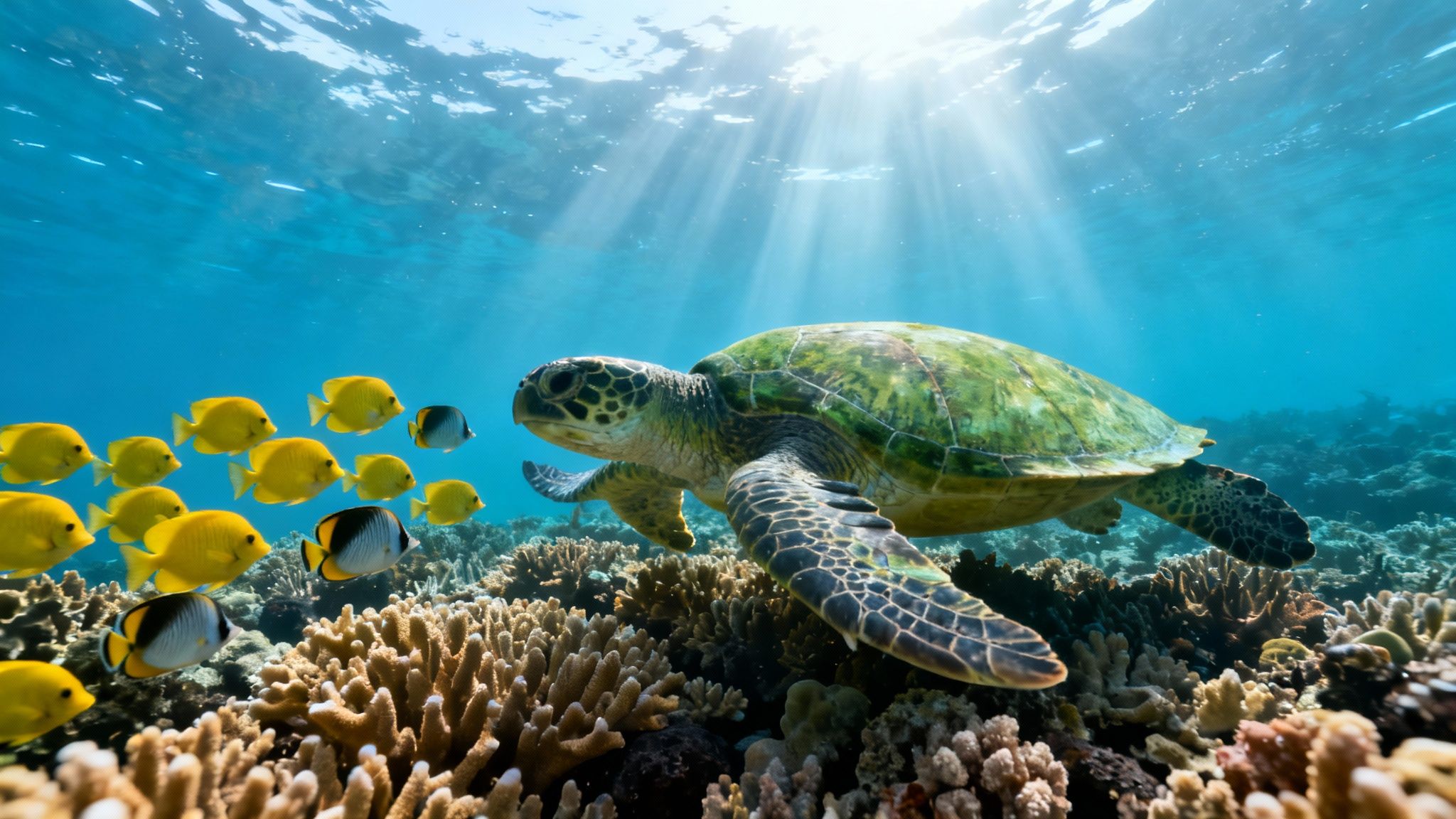 A sea turtle swims with yellow fish over a coral reef, bathed in sun rays underwater.