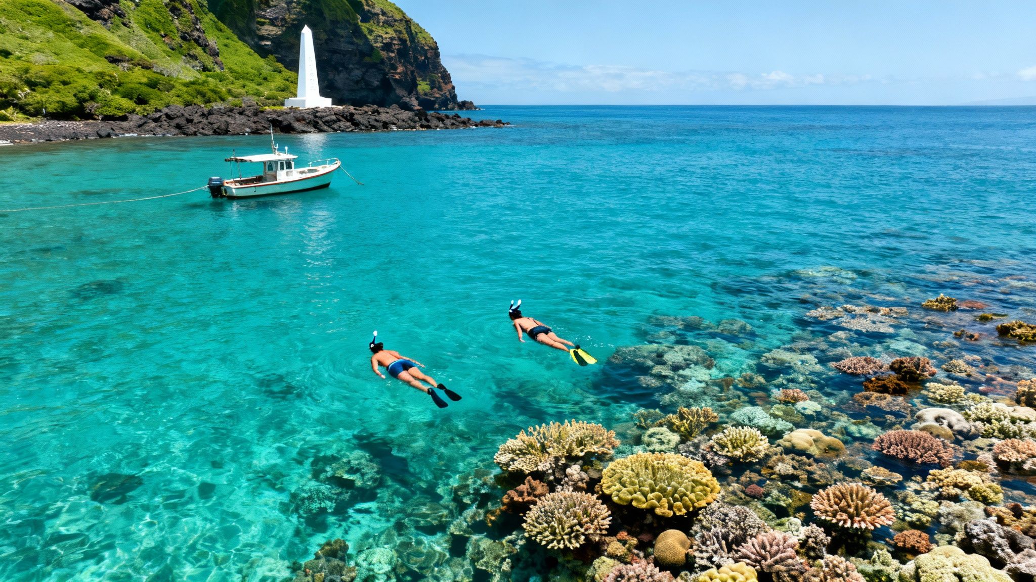 Two snorkelers exploring vibrant coral reef in crystal clear turquoise Hawaiian waters near boat