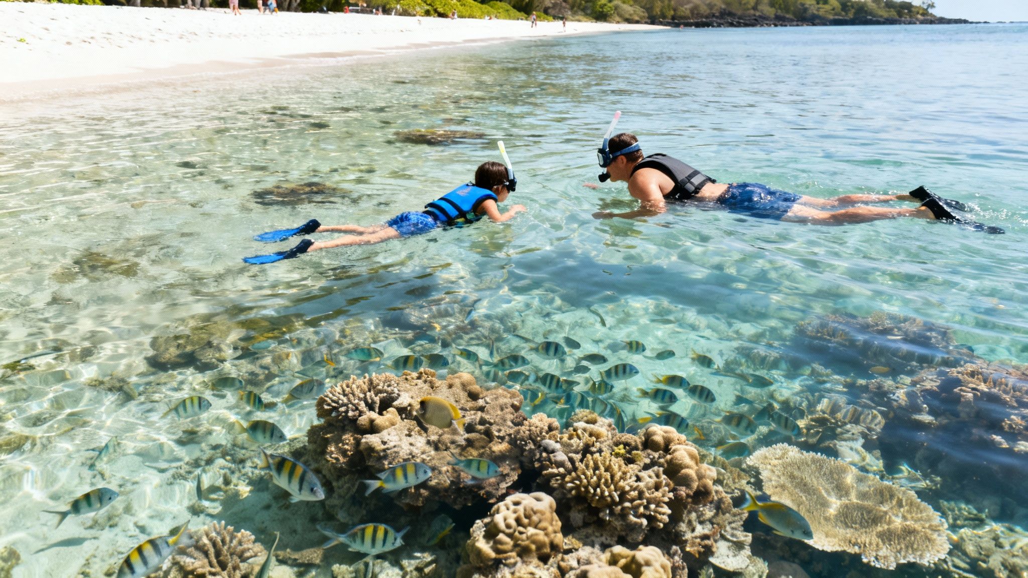 Father and son snorkeling in clear tropical water, observing colorful fish and coral reef.