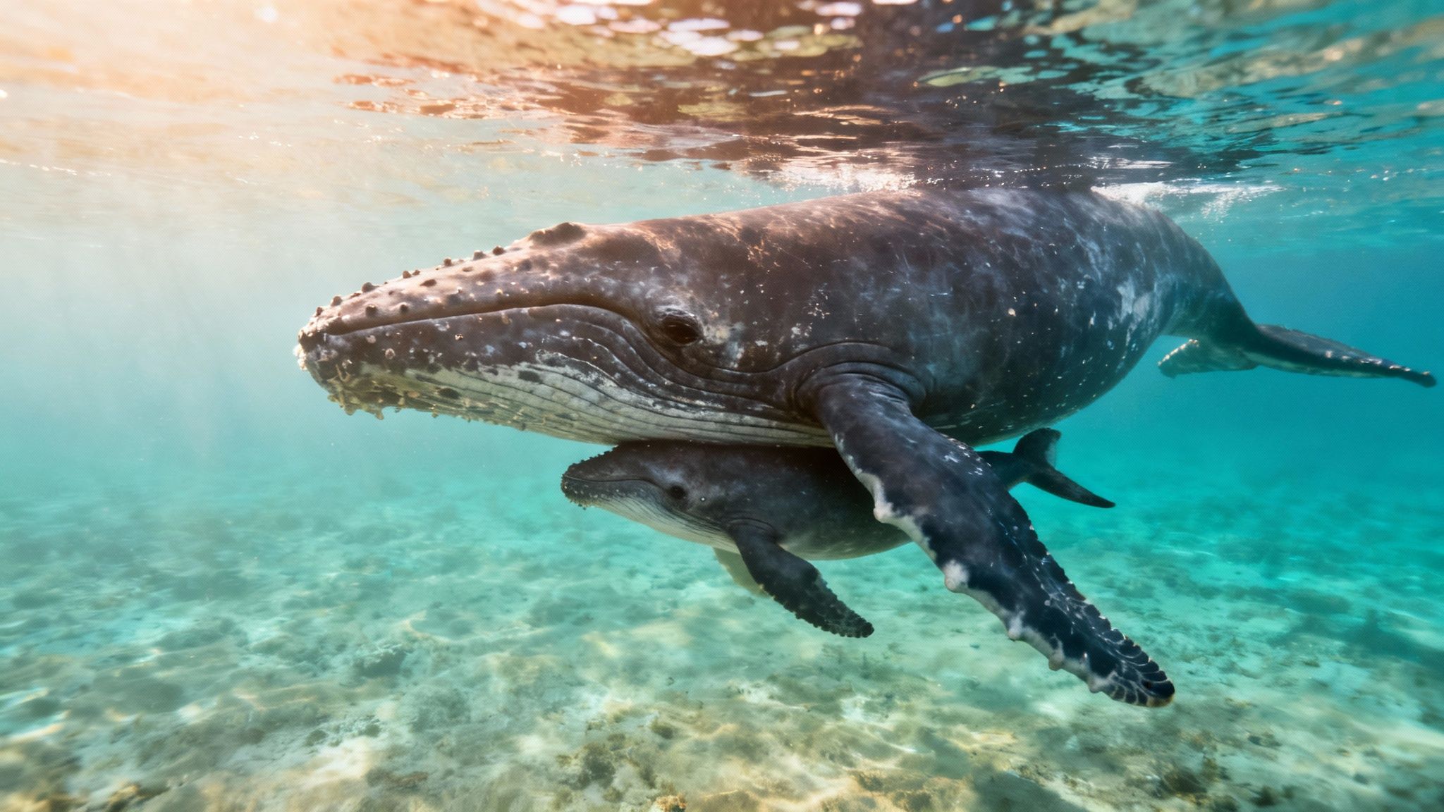 A large humpback whale swims underwater with its small calf in clear, turquoise ocean.