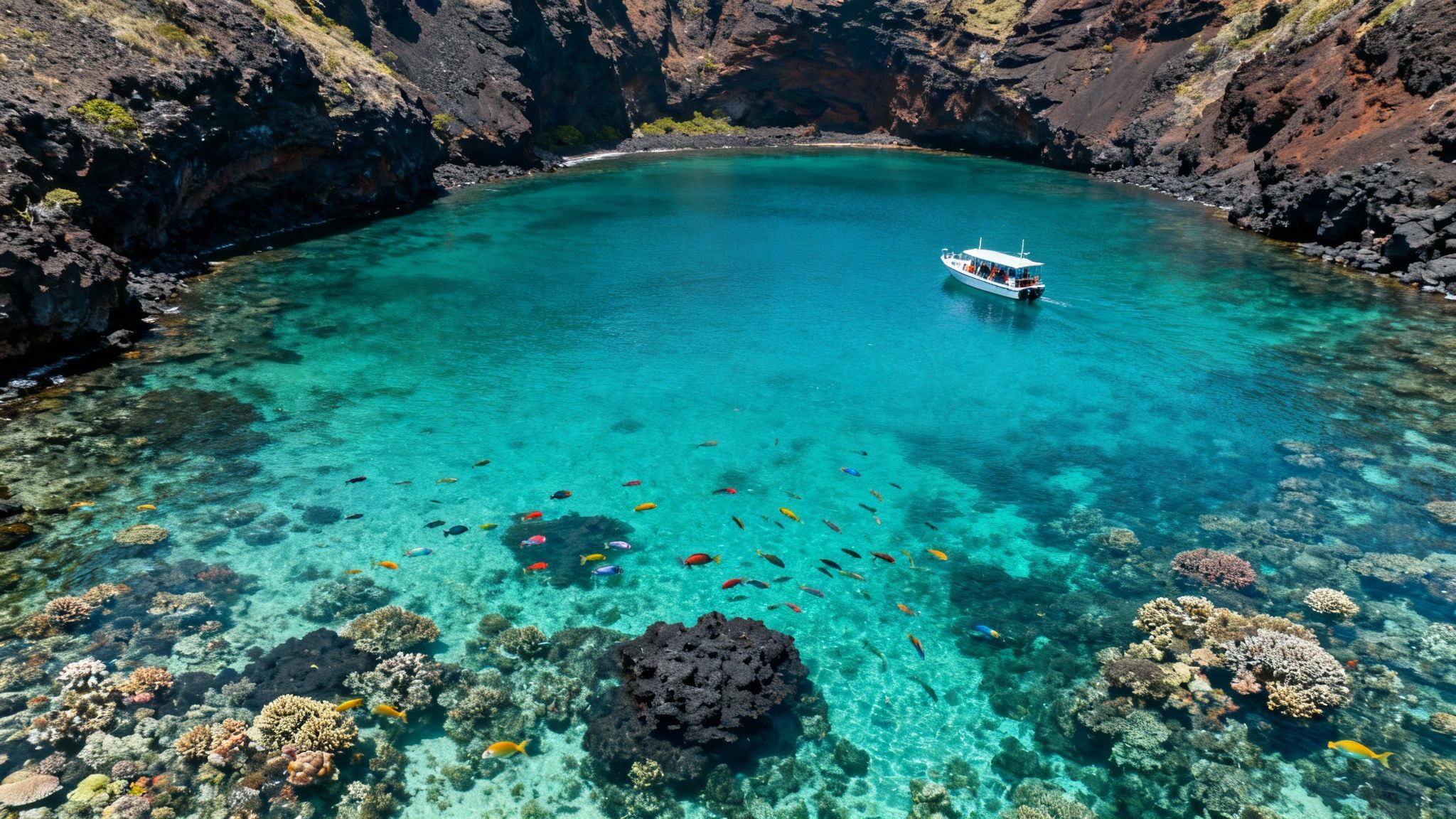 Clear turquoise water in a bay with a boat, colorful fish, and abundant coral reef.