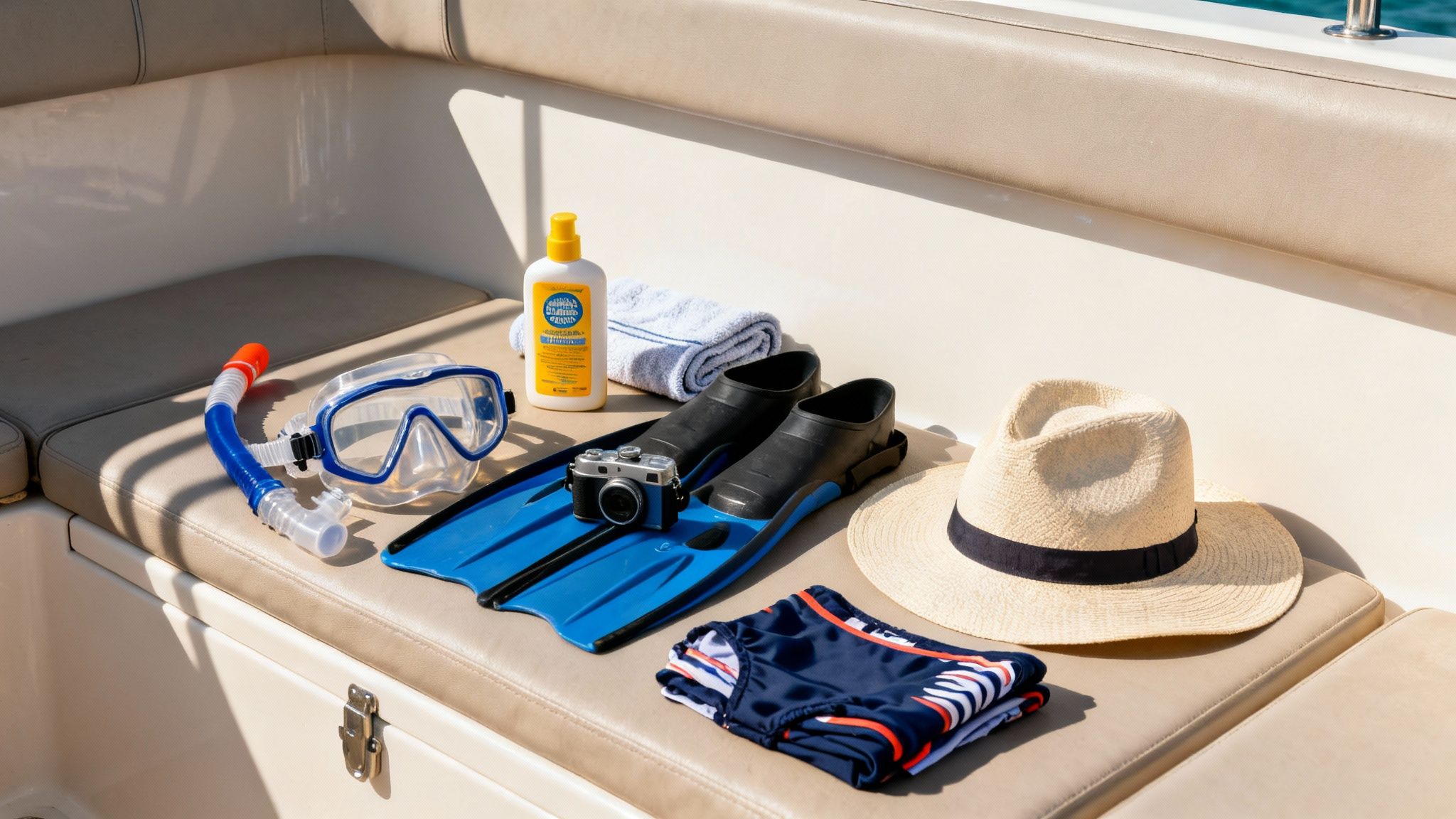 Snorkeling gear, sunscreen, a hat, and swim trunks neatly arranged on a boat seat, ready for a water adventure.