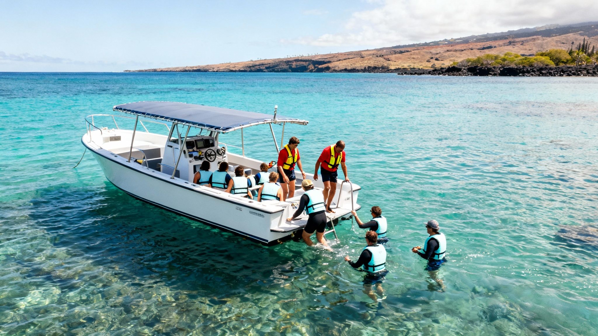 People on a boat and swimming in clear turquoise water at Kealakekua Bay for snorkeling.