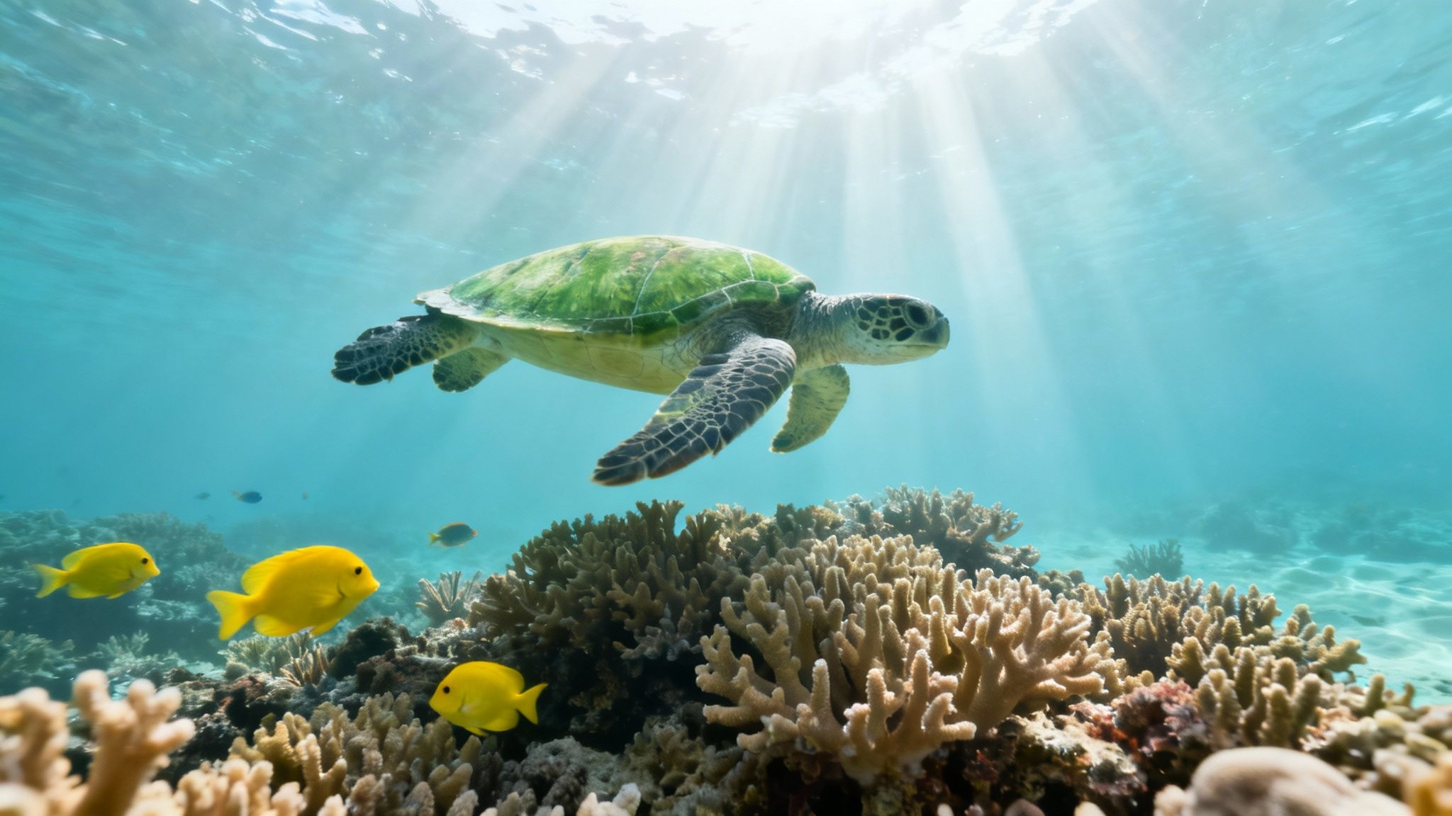 A majestic green sea turtle swims gracefully above a colorful coral reef with bright yellow fish.