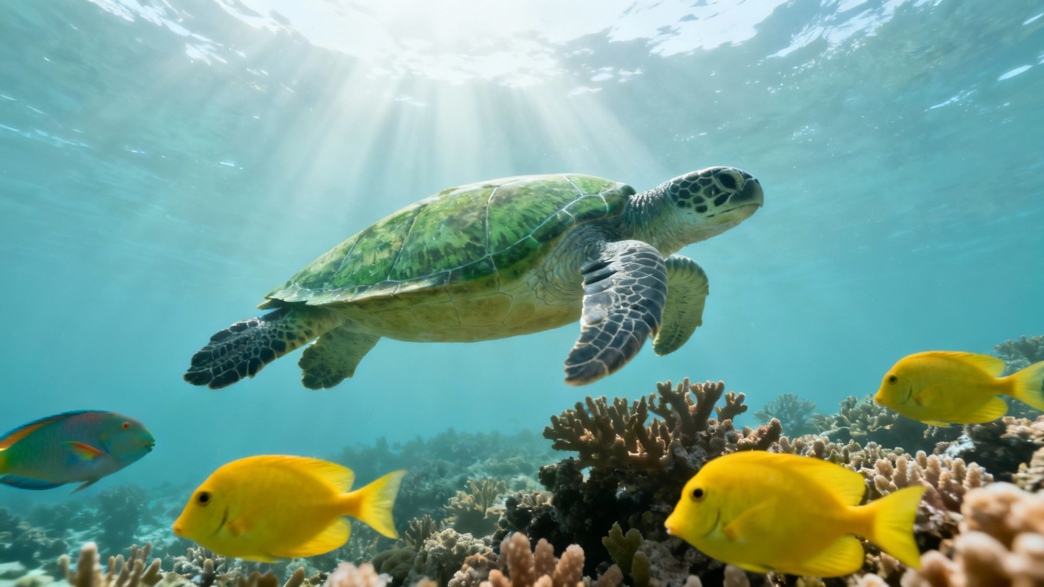 A graceful Hawaiian green sea turtle (honu) swimming over a coral reef.