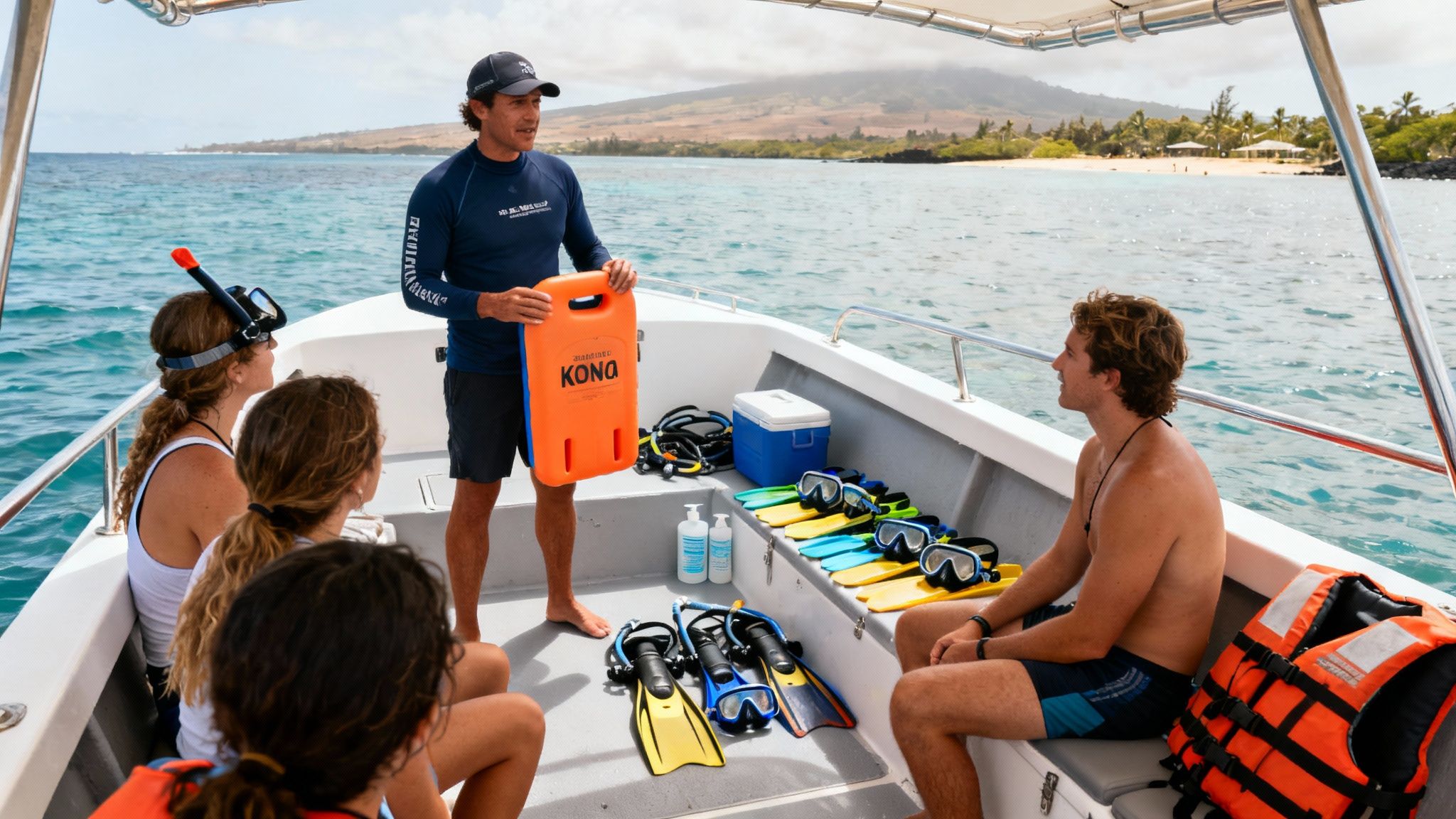A snorkeling instructor on a boat explains safety to a group of snorkelers in Hawaii.