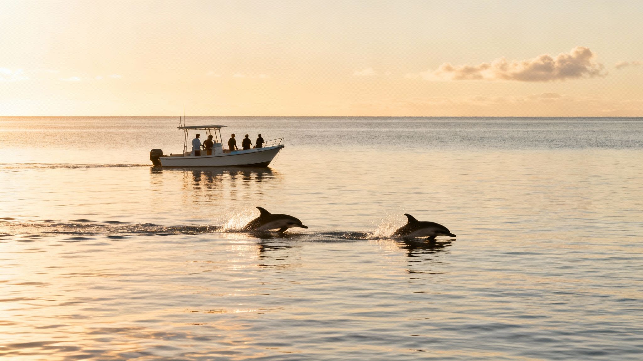 Two dolphins leap from the golden ocean in front of a boat with people at sunset.
