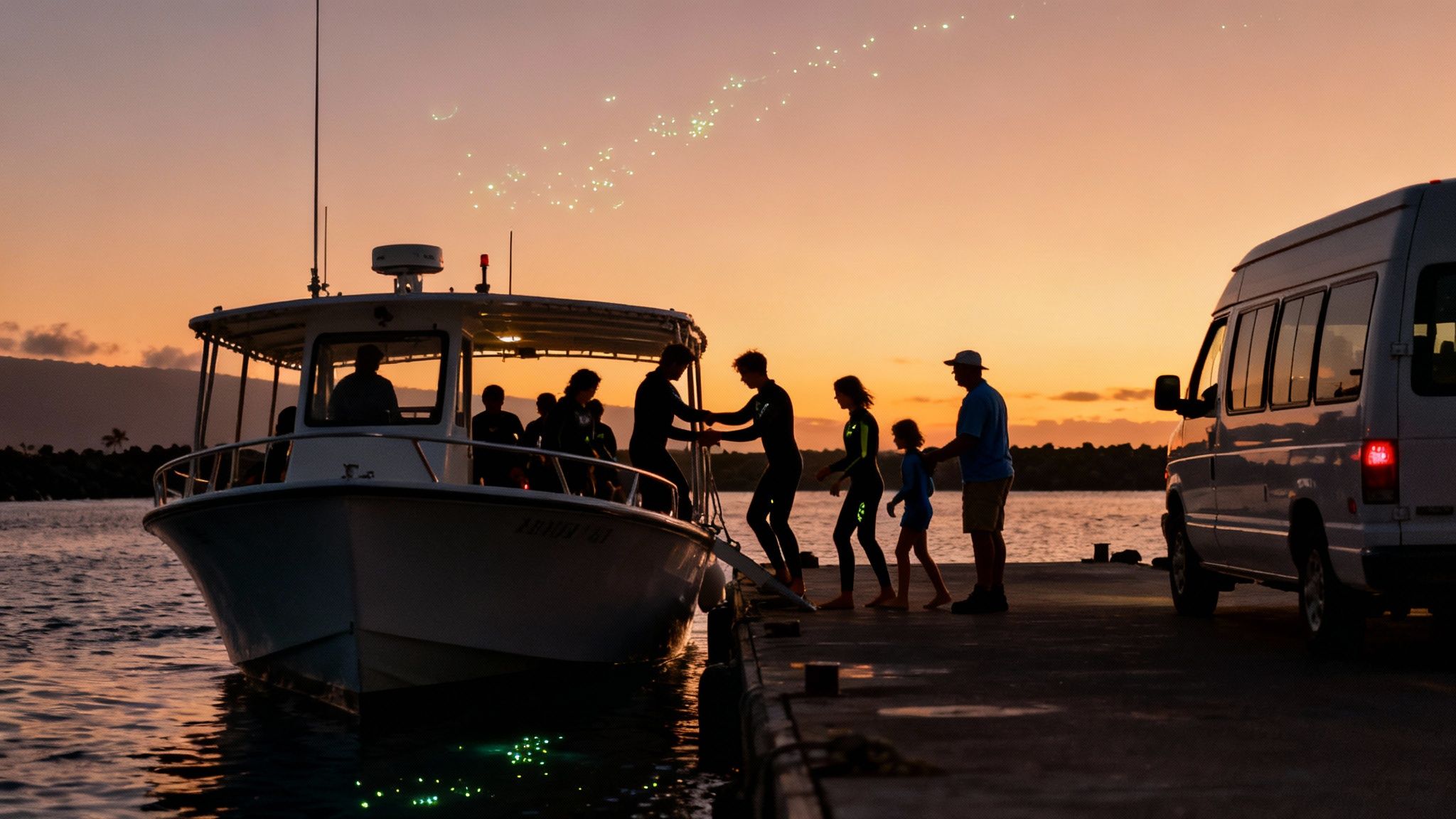 Sunset casting golden light on colorful corals