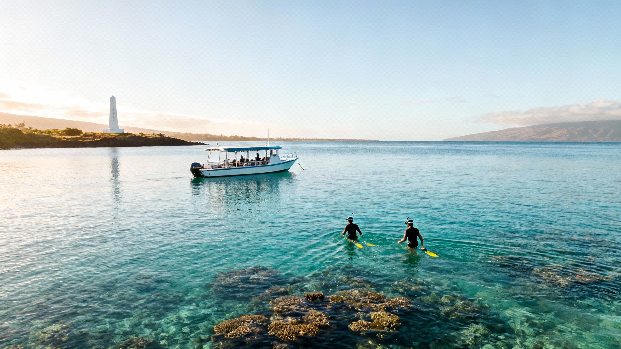 Two people snorkel in clear blue ocean water with a boat and a lighthouse under a bright sky.