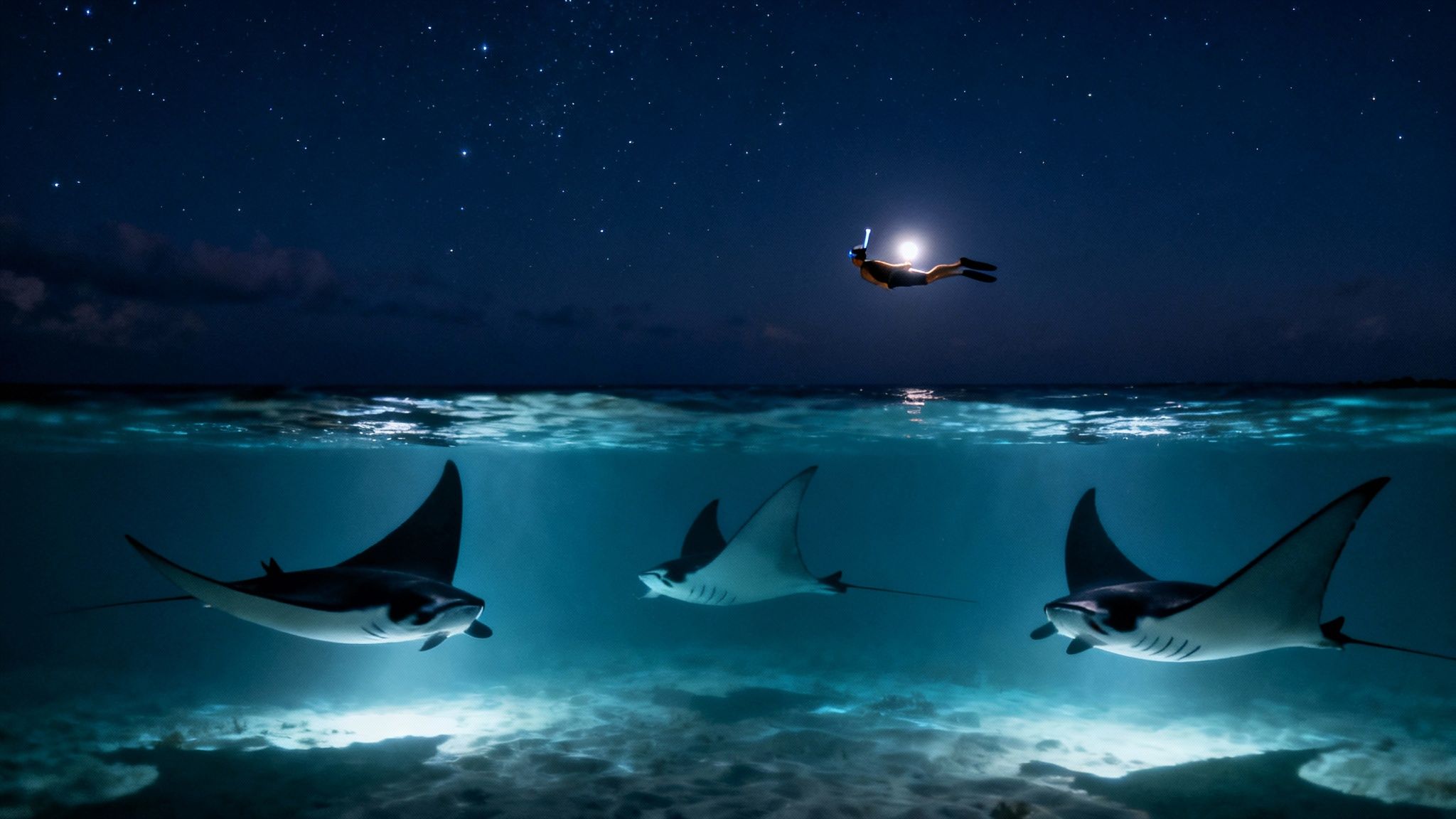 A diver with a flashlight swims under a starry sky while three manta rays glow below.