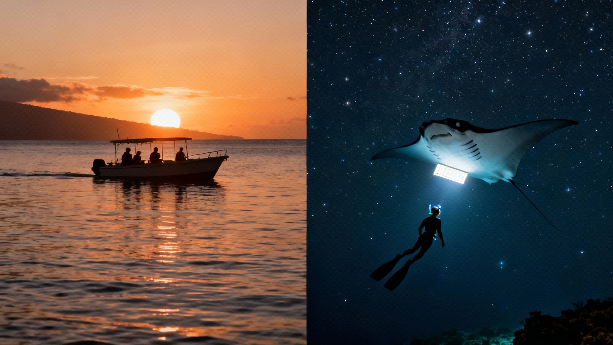 Split image: sunset boat scene and a diver observing a glowing manta ray at night.