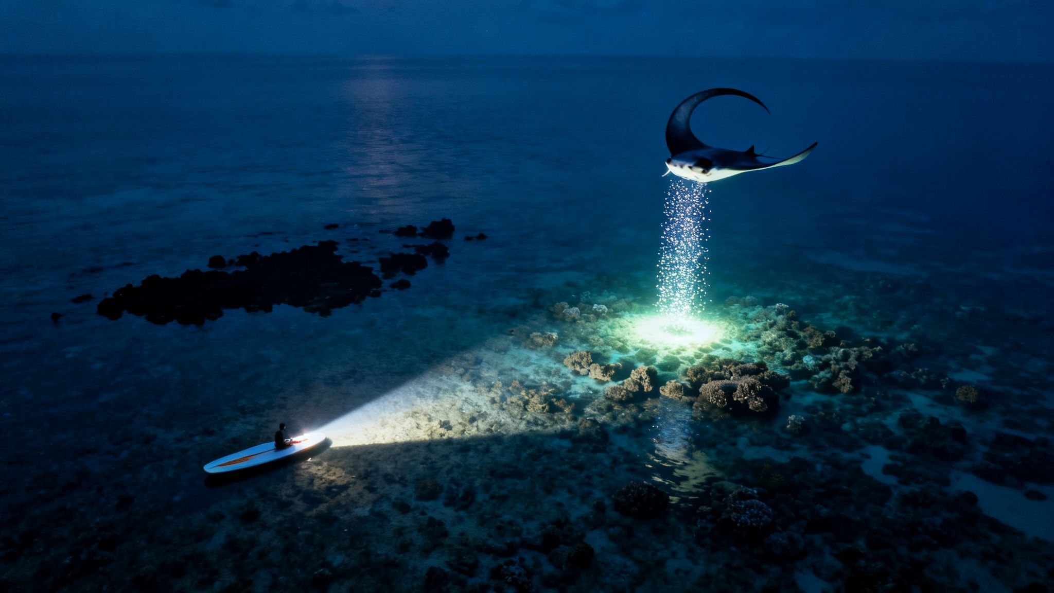 Surreal night scene with a person on a paddleboard and a glowing, crescent-moon-shaped manta ray illuminating a coral reef.