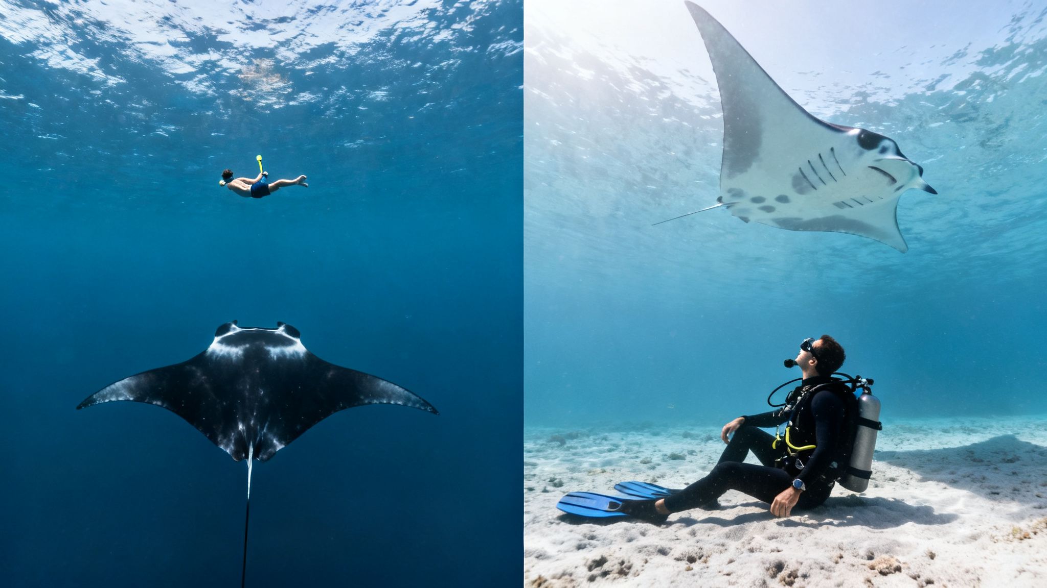 Two underwater scenes: a snorkeler watching a black manta ray, and a scuba diver viewing a white manta ray.