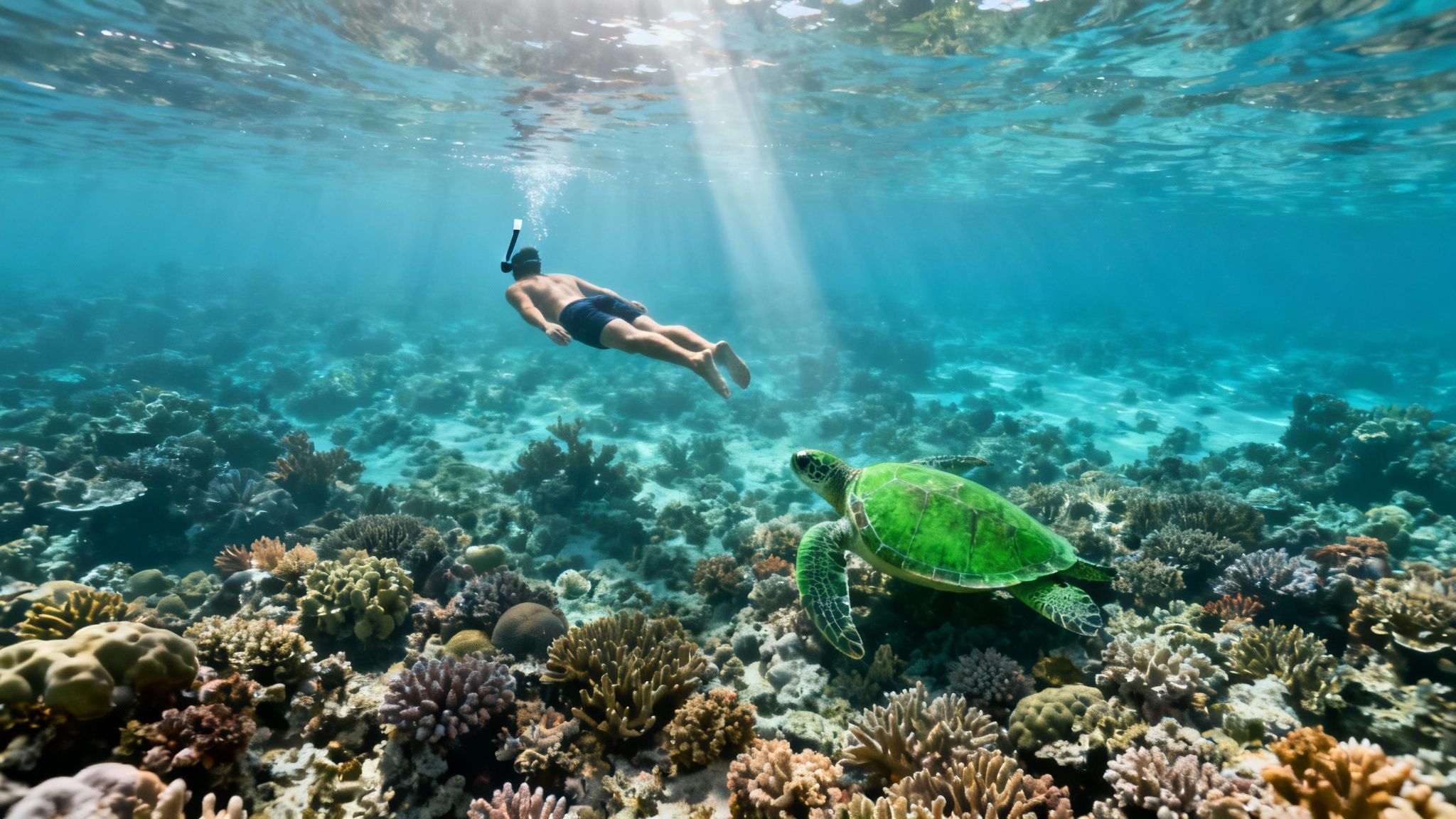 Man snorkeling over a vibrant coral reef alongside a majestic green sea turtle.