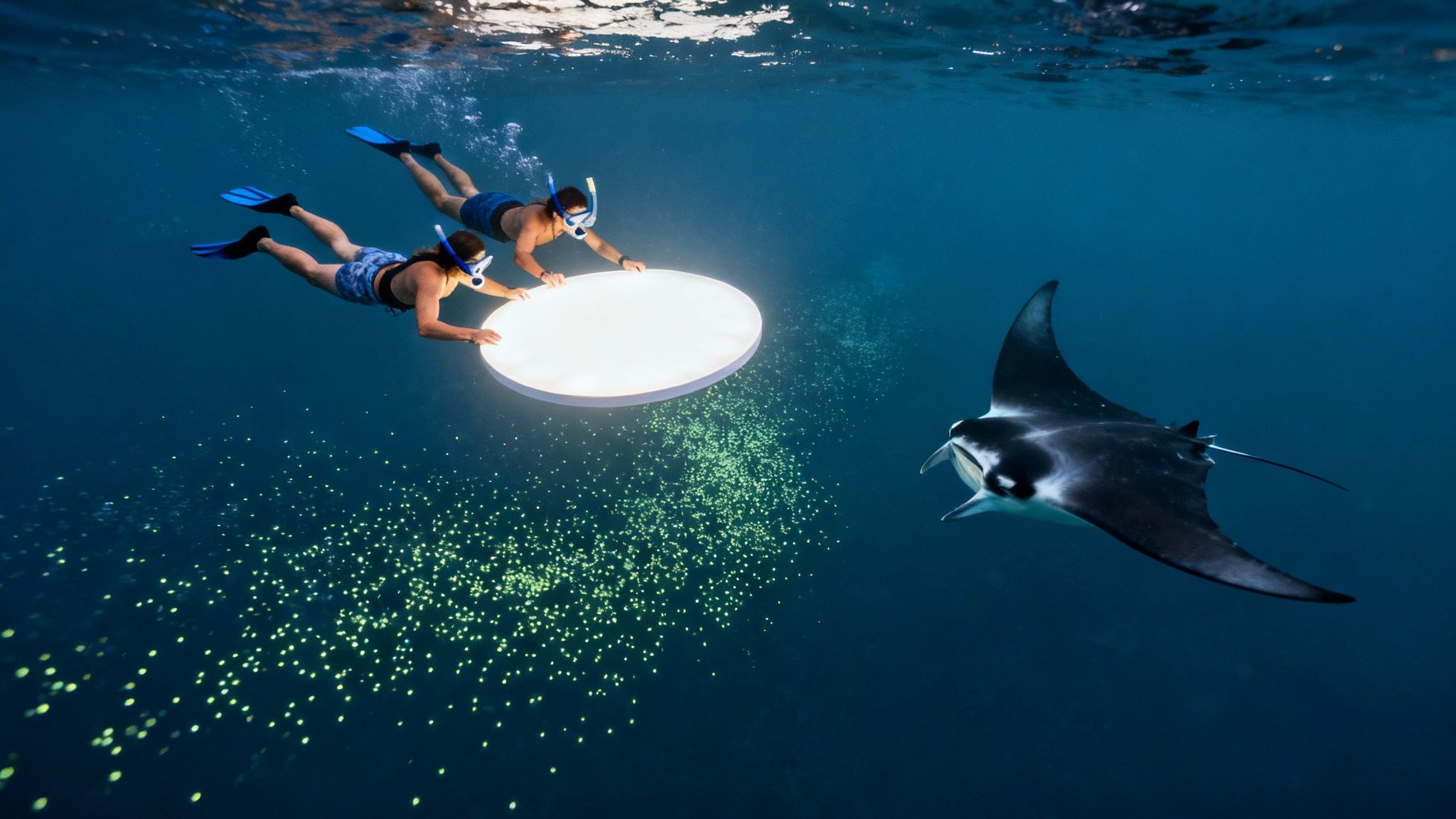 A group of snorkelers holding onto a light board at night, watching manta rays swim below them in Kona.