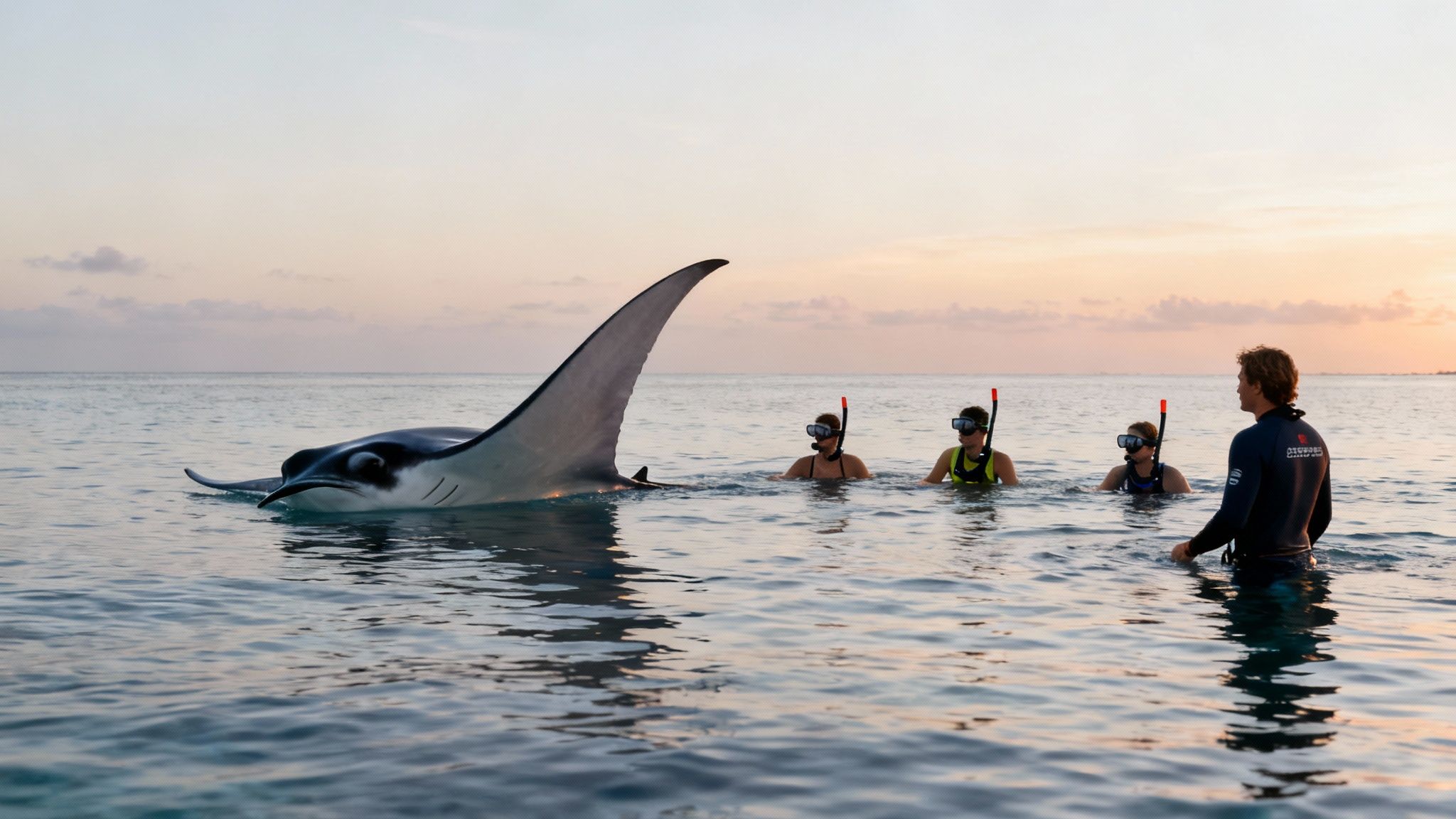 A snorkeler passively observing a large manta ray from a safe distance