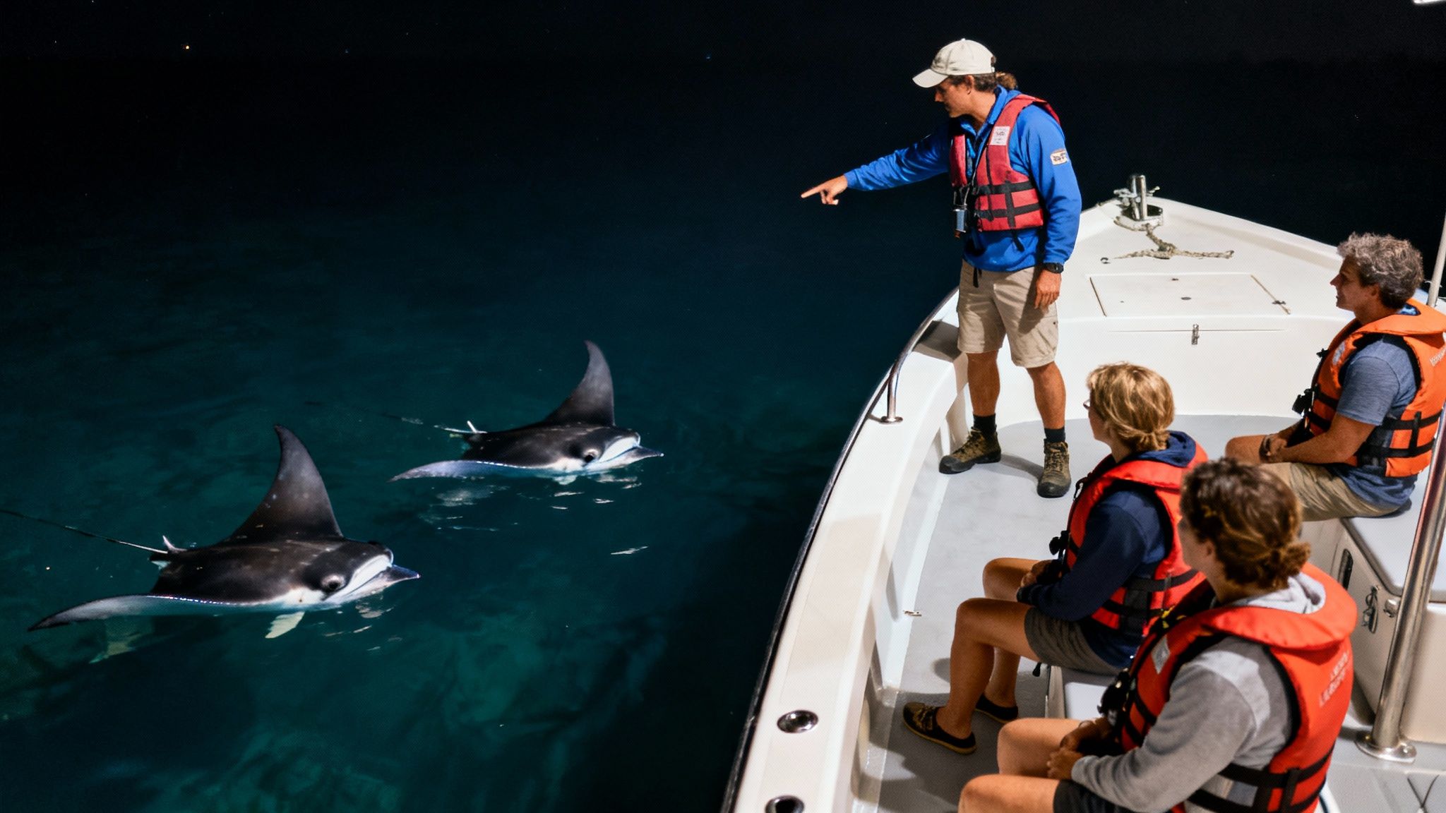 People on a boat observe two manta rays swimming in illuminated water at night.