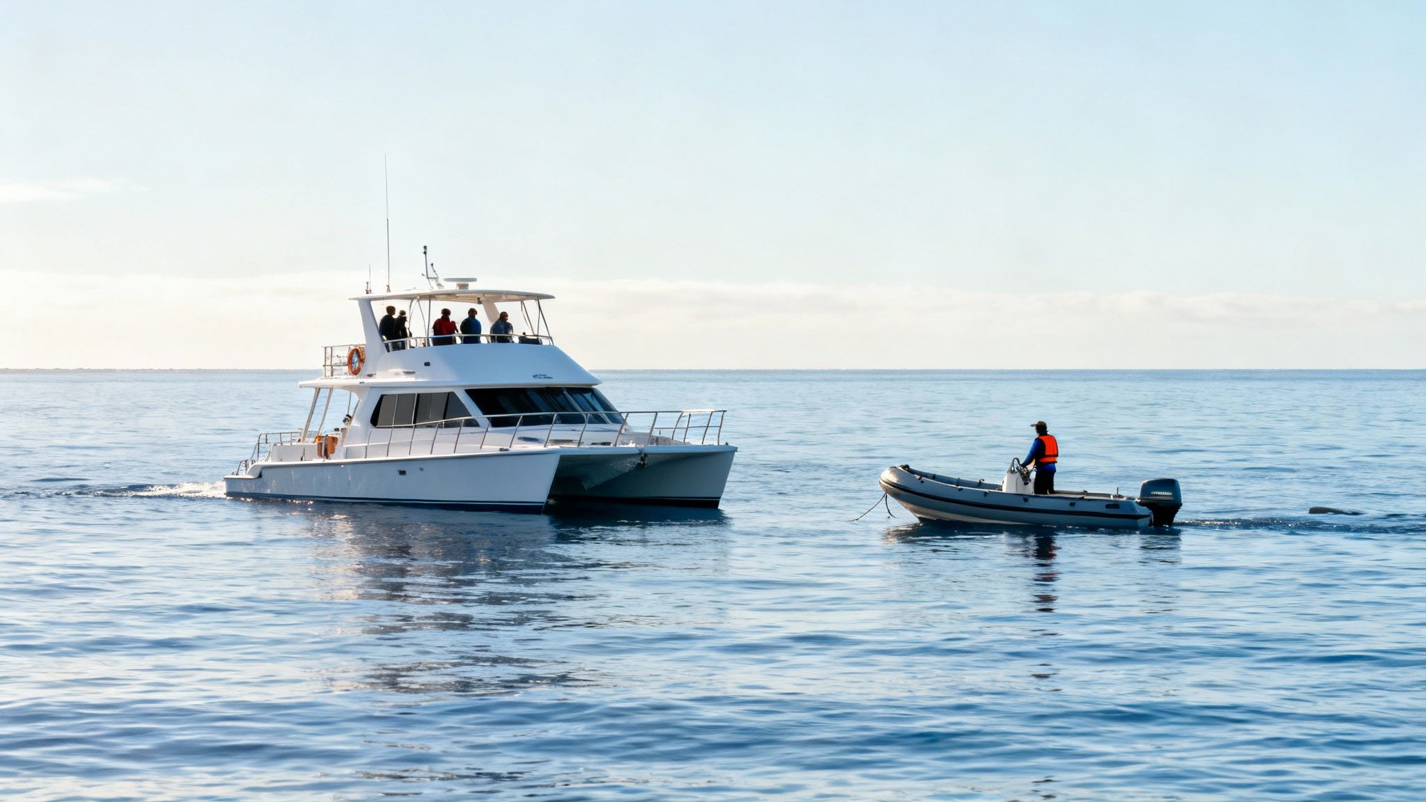 Large white catamaran with people on deck on calm blue ocean, accompanied by a small boat.
