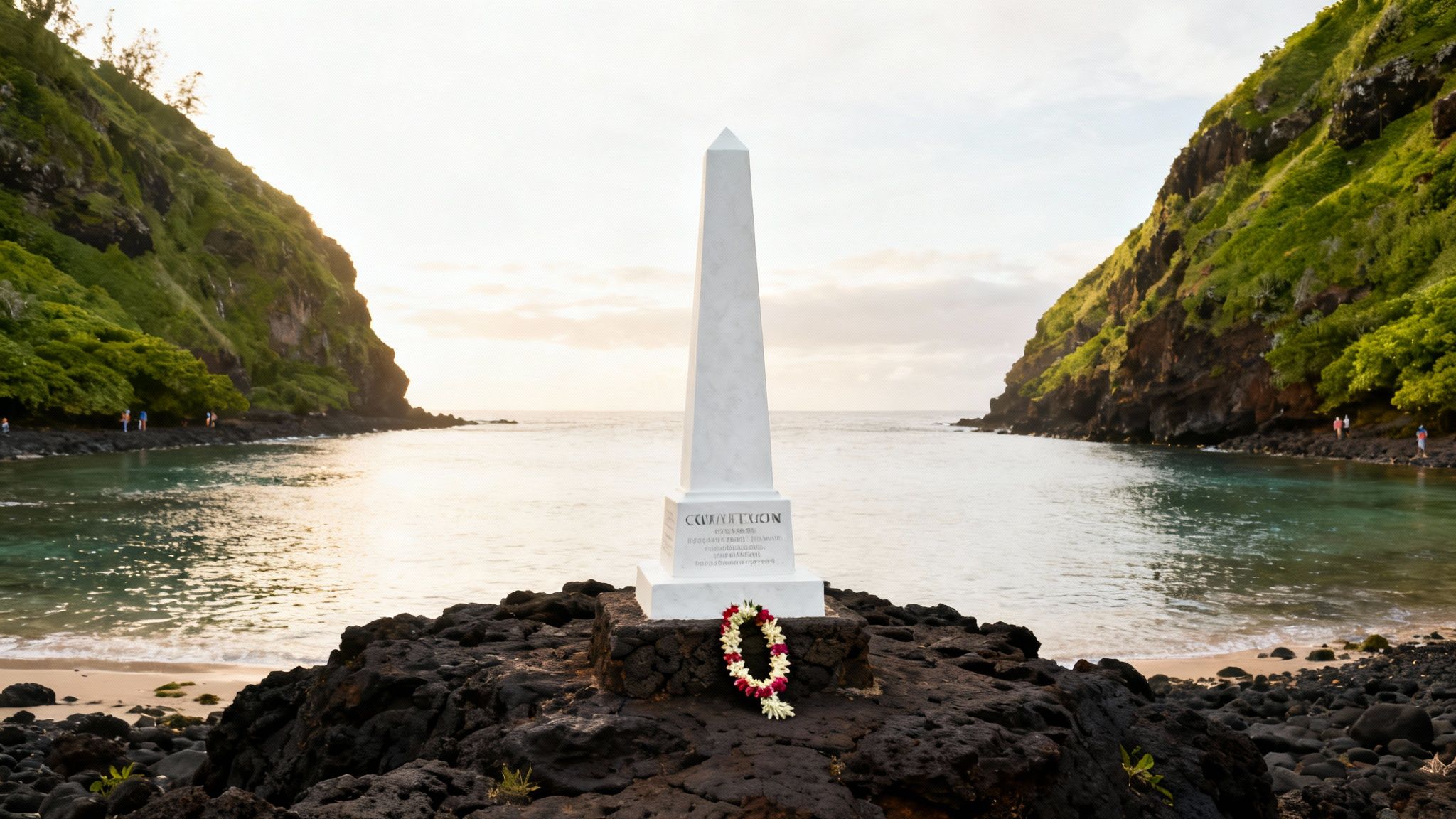 White Captain Cook monument on black volcanic rocks overlooking a serene bay with green cliffs.
