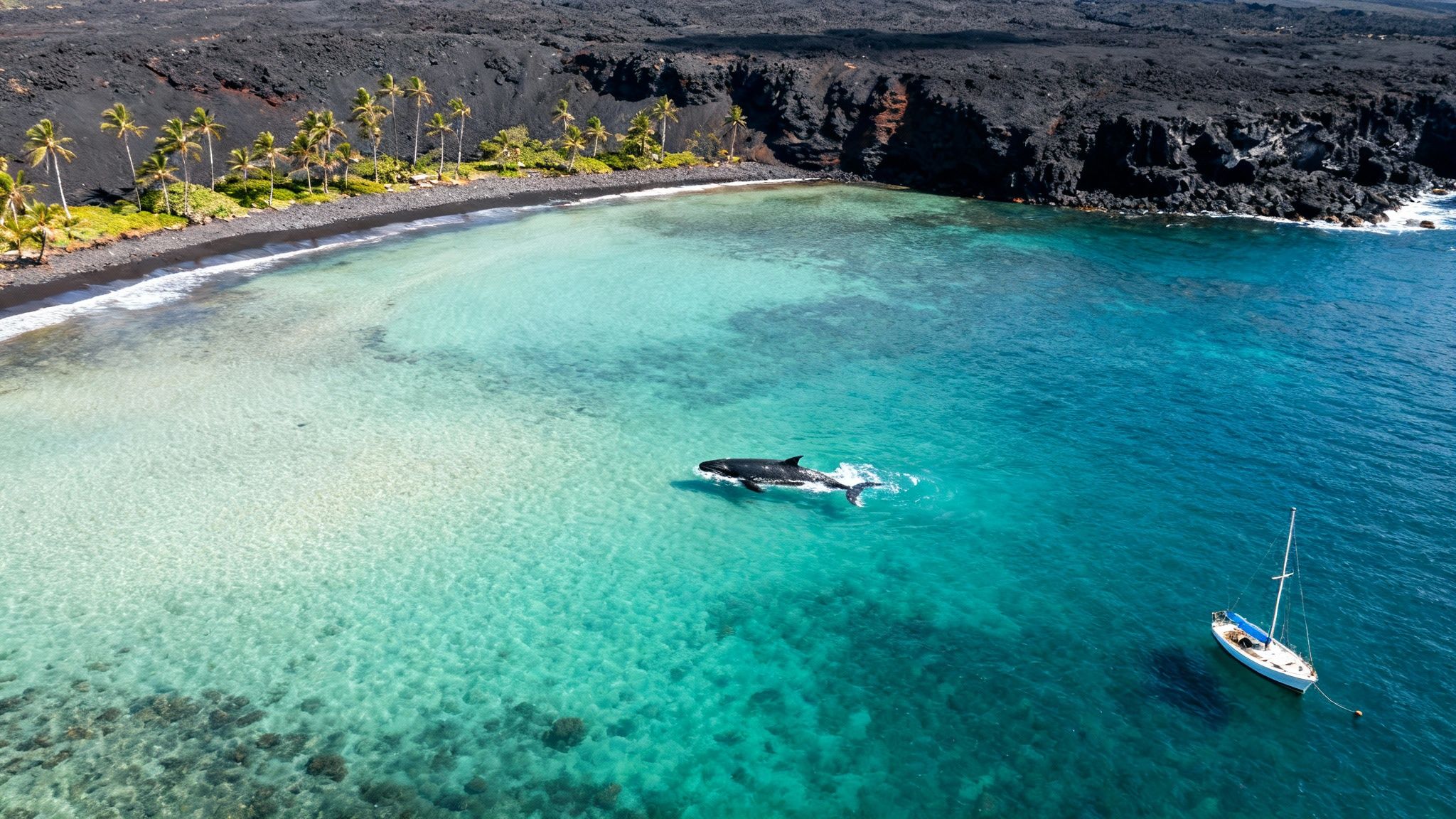 Aerial view of a humpback whale swimming in clear turquoise waters near a black sand beach with palm trees.