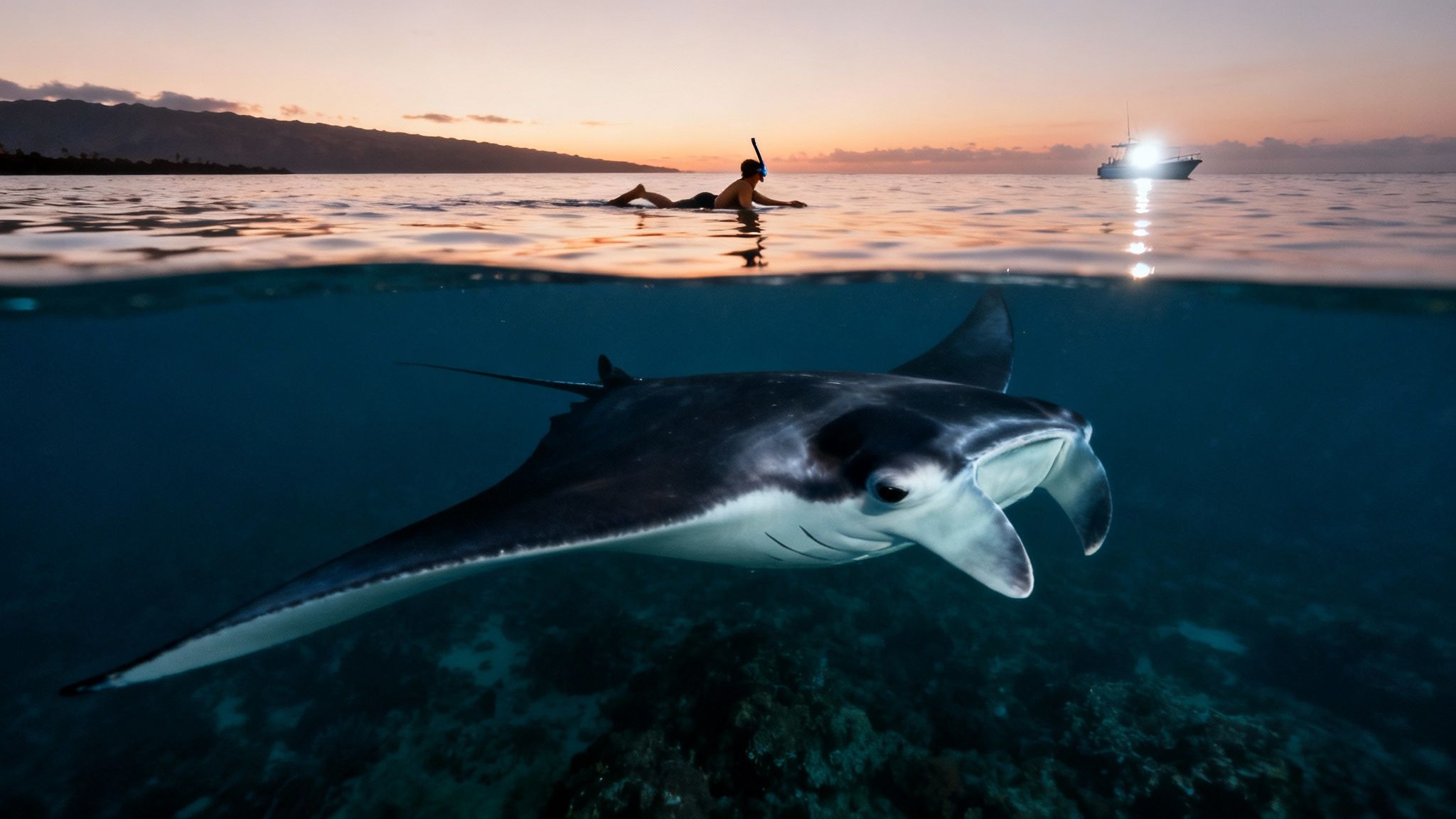 A split-level image showing a manta ray underwater and a snorkeler at sunset above, with a boat and mountains.