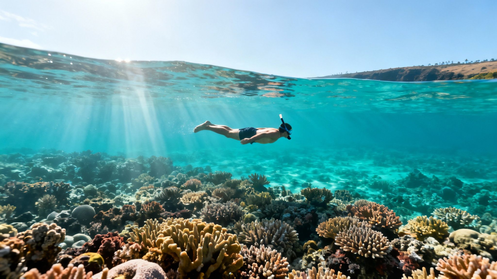 A man snorkeling over vibrant coral reefs in clear blue water, with a split view showing the sunny sky above.