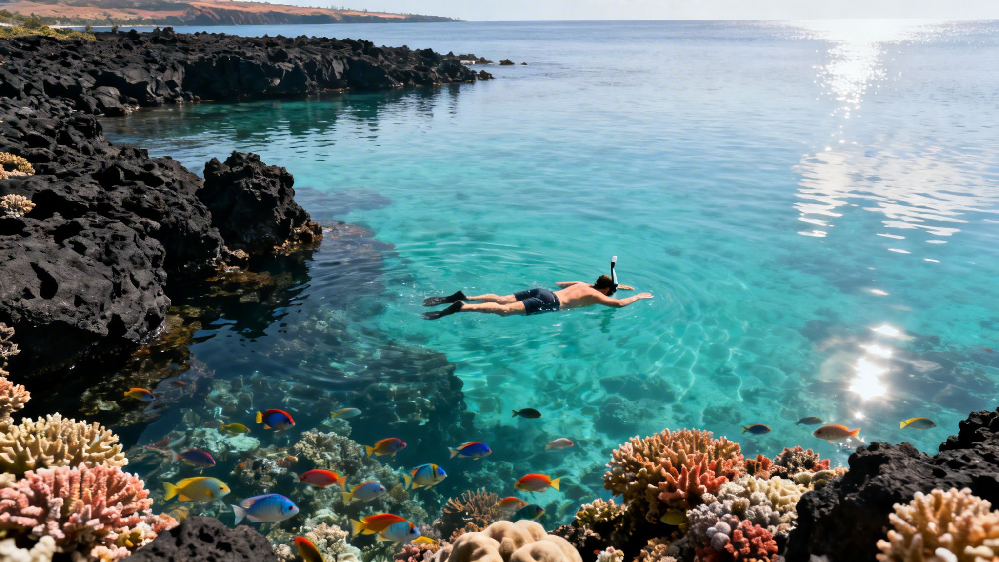 A person snorkeling in clear blue tropical water with colorful fish and coral reefs next to dark volcanic rocks.