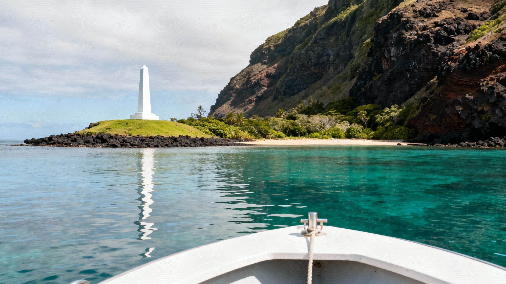 View from a boat of a white monument on a green island with clear turquoise water and a rocky coastline.
