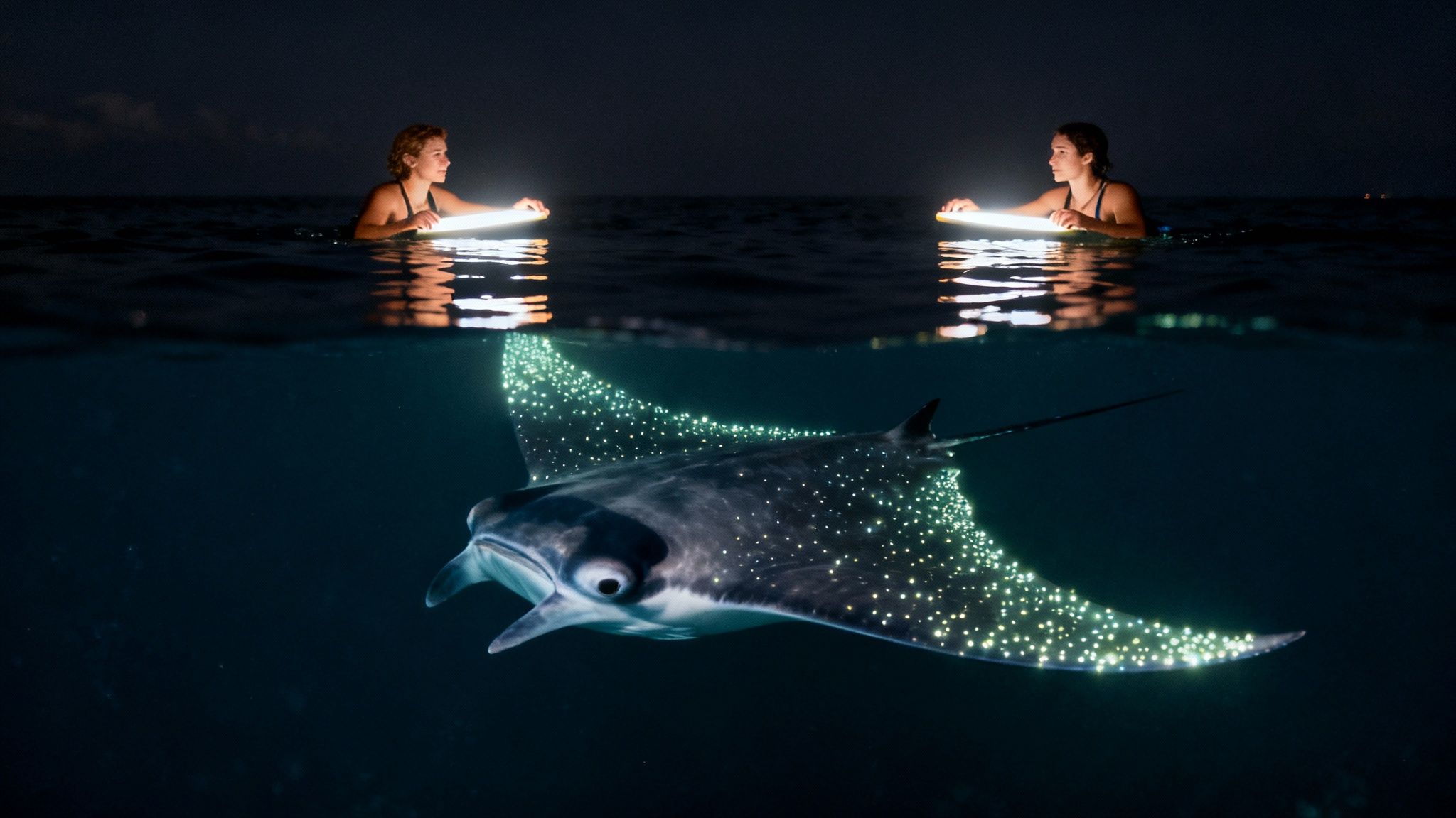A group of snorkelers floating on the surface at night, watching a giant manta ray swim gracefully below them, illuminated by bright lights.