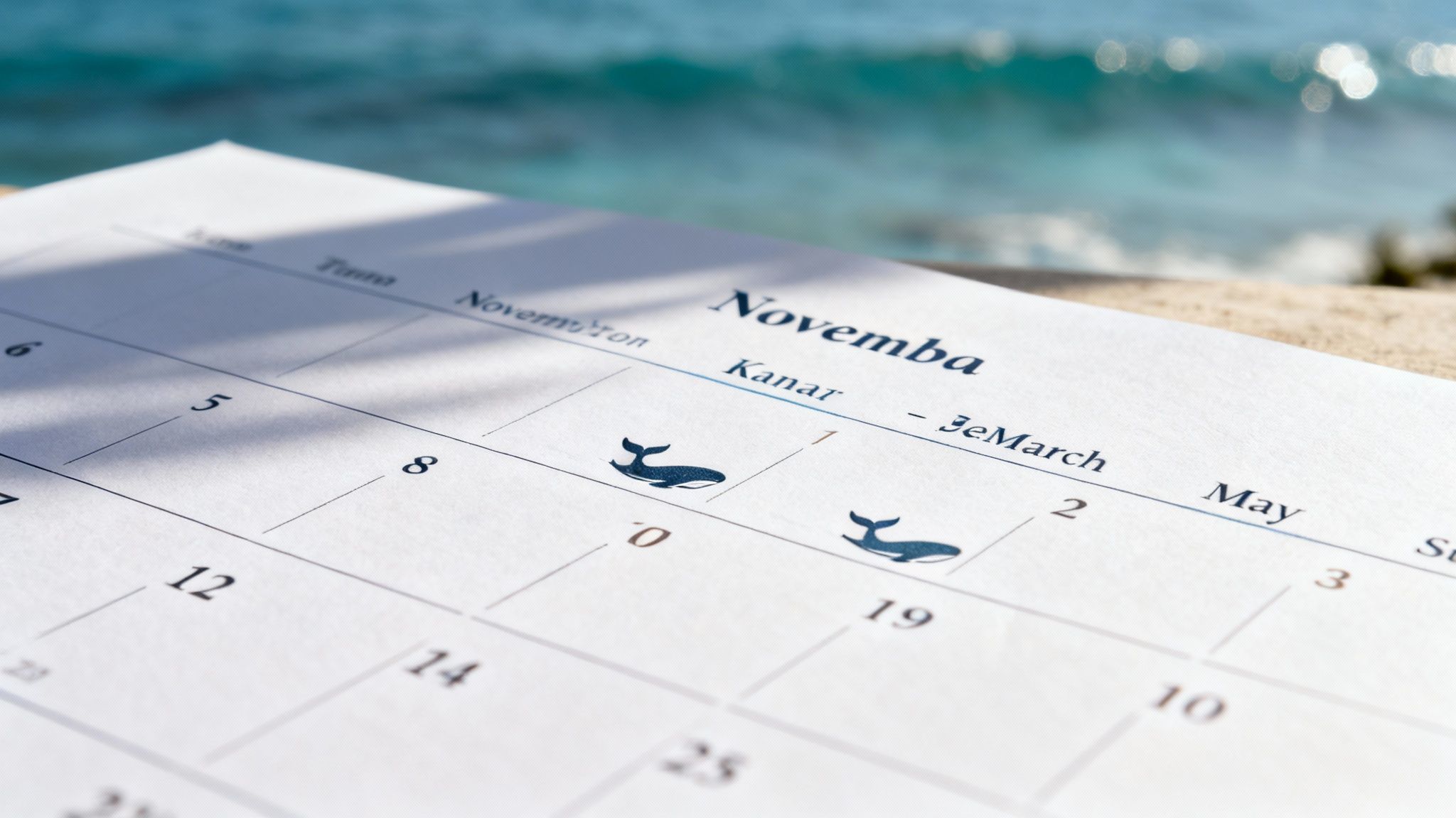 A calendar page with whale tail icons marking dates in November, set against a blurred ocean background.