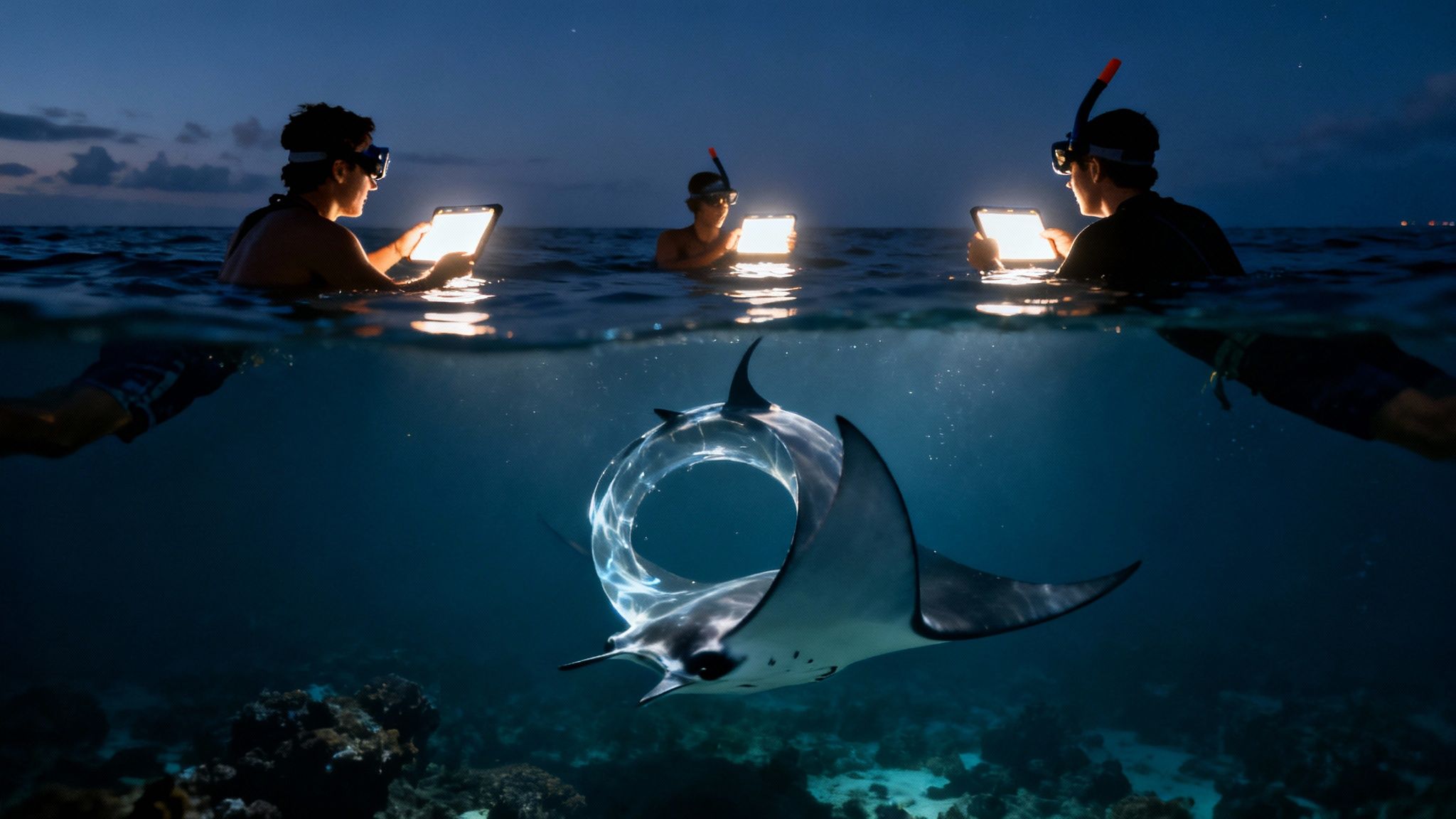 A large manta ray glides through the illuminated water, surrounded by tiny plankton.