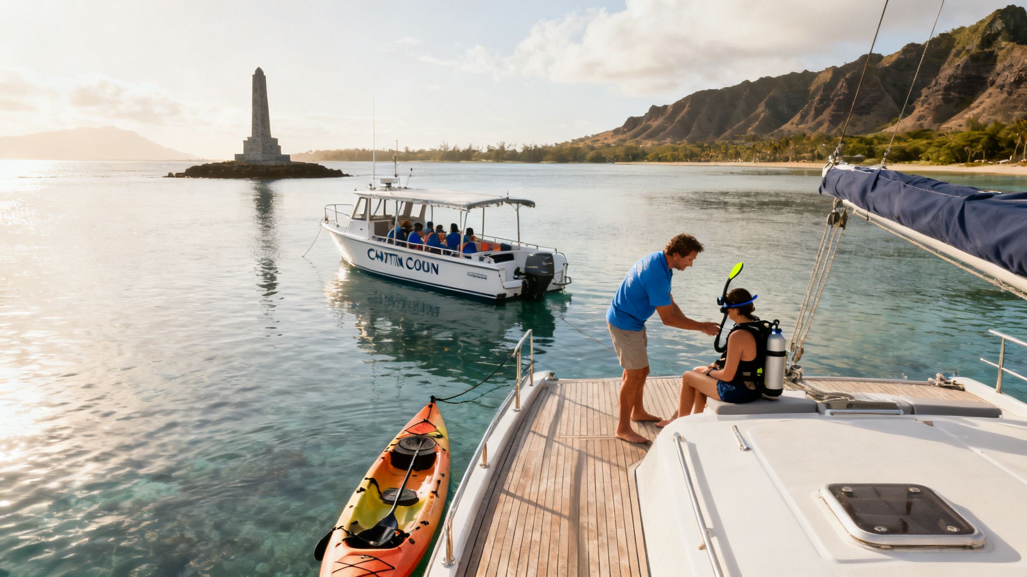People on a boat with a kayak, preparing for snorkeling near a monument and mountains.