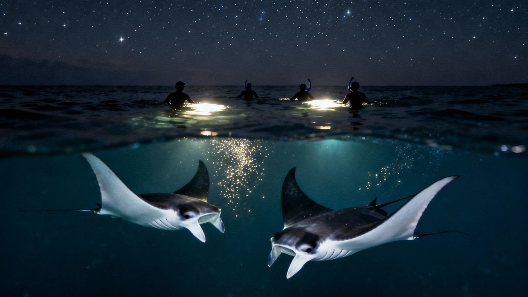 Manta rays swim below four snorkelers illuminated by flashlights under a starry night sky.