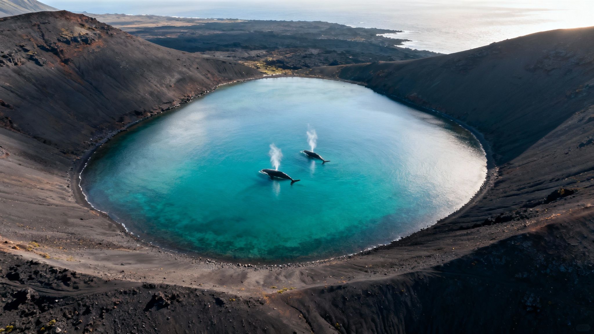 A mother humpback whale and her calf swimming peacefully in the calm blue waters of Kona.