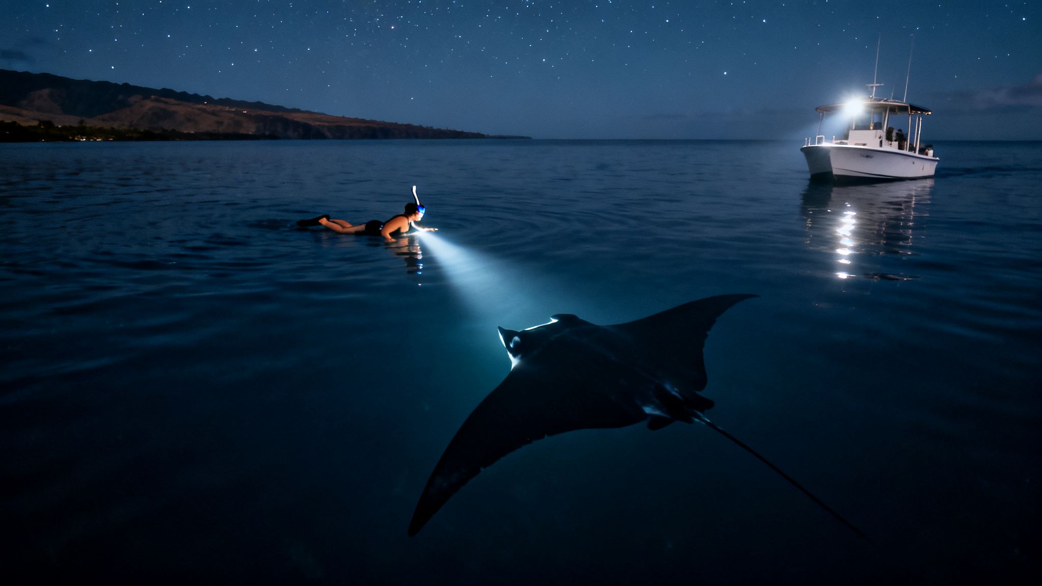 Night snorkeling with a manta ray, illuminated by a flashlight under a star-filled sky.