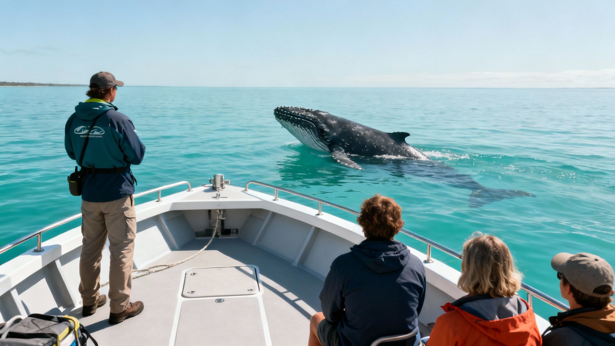 A group of tourists on a boat watching a humpback whale breach in the distance off the Big Island coast.