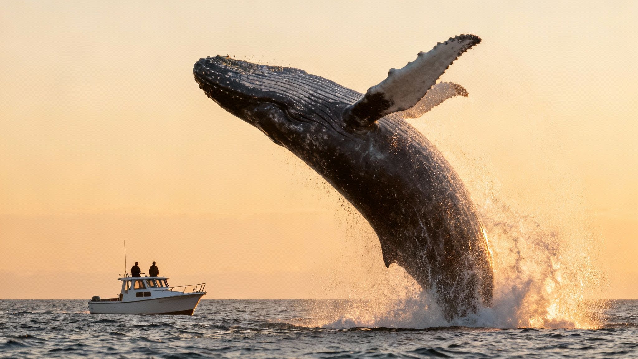 A large humpback whale breaches spectacularly from the ocean near a small boat at golden hour.