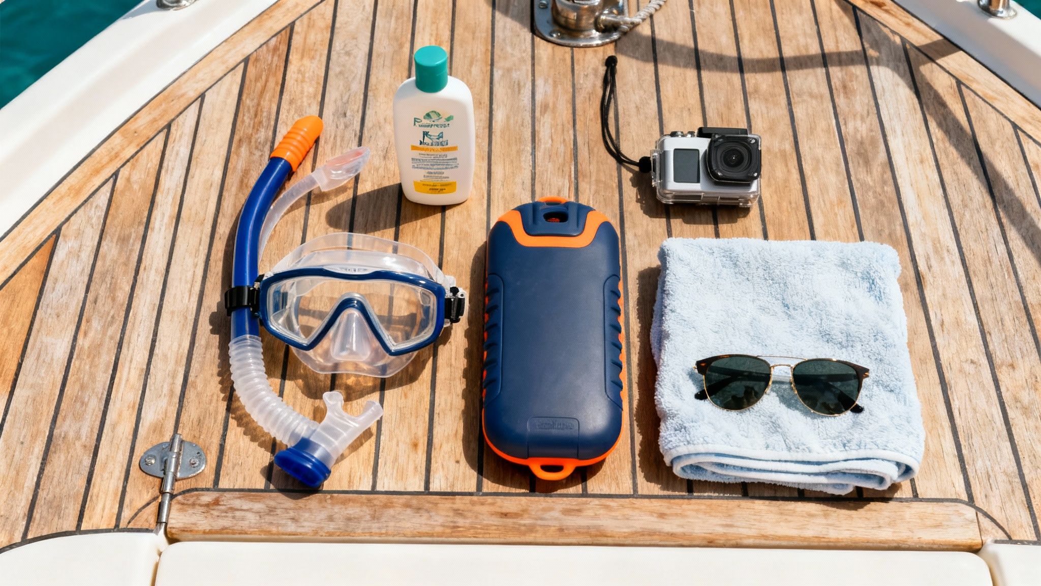 Snorkeling gear, sunscreen, waterproof case, camera, towel, and sunglasses on a boat deck.