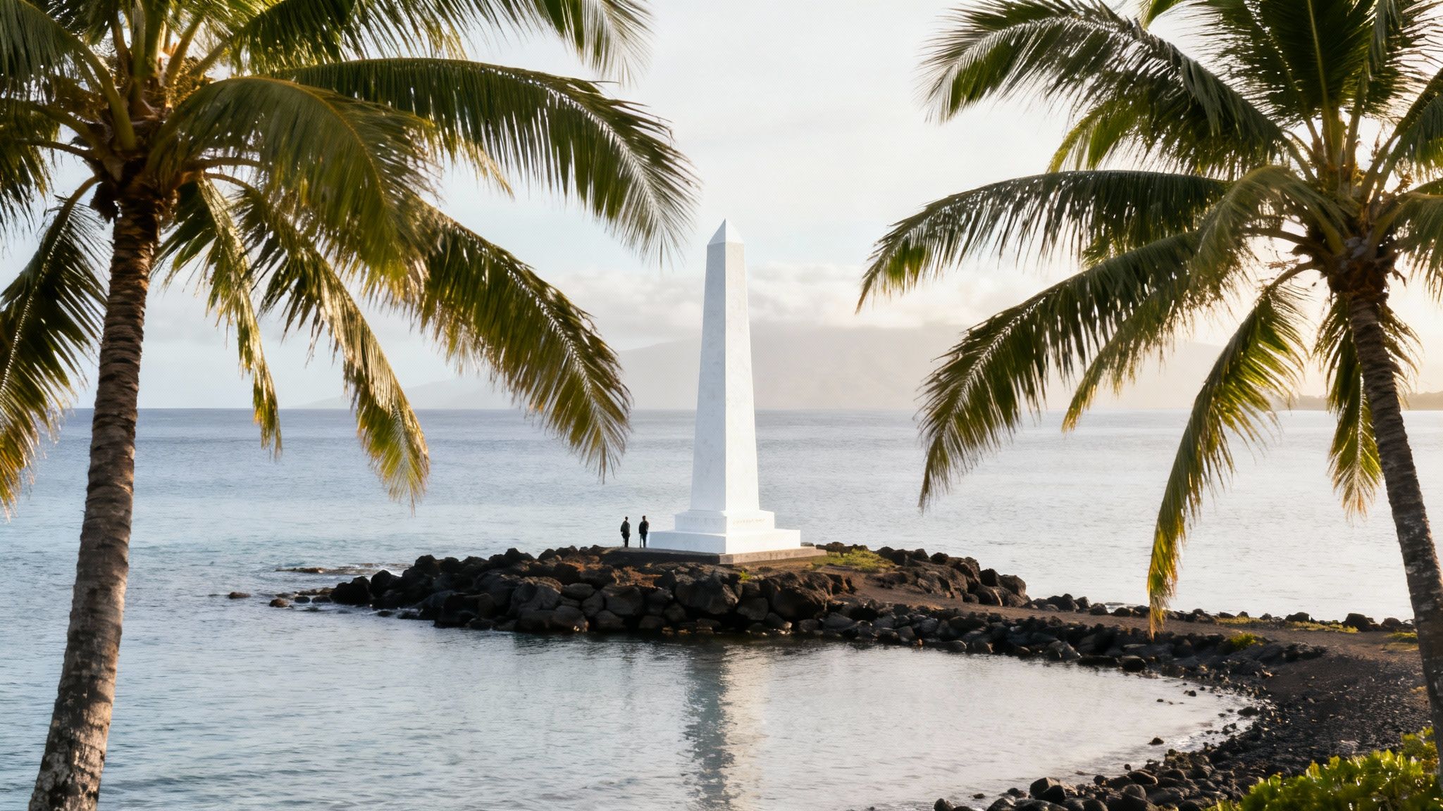 A white obelisk stands on a rocky islet framed by tropical palm trees overlooking the ocean.