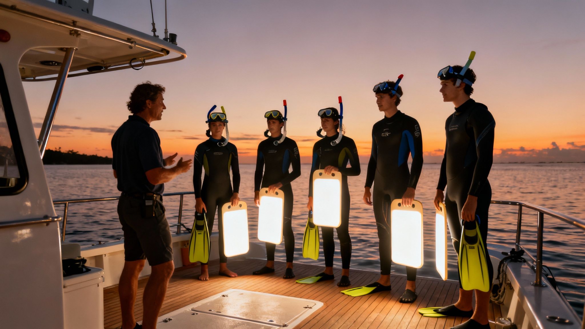 Group in wetsuits with an instructor on a boat at sunset, preparing for a night snorkel.