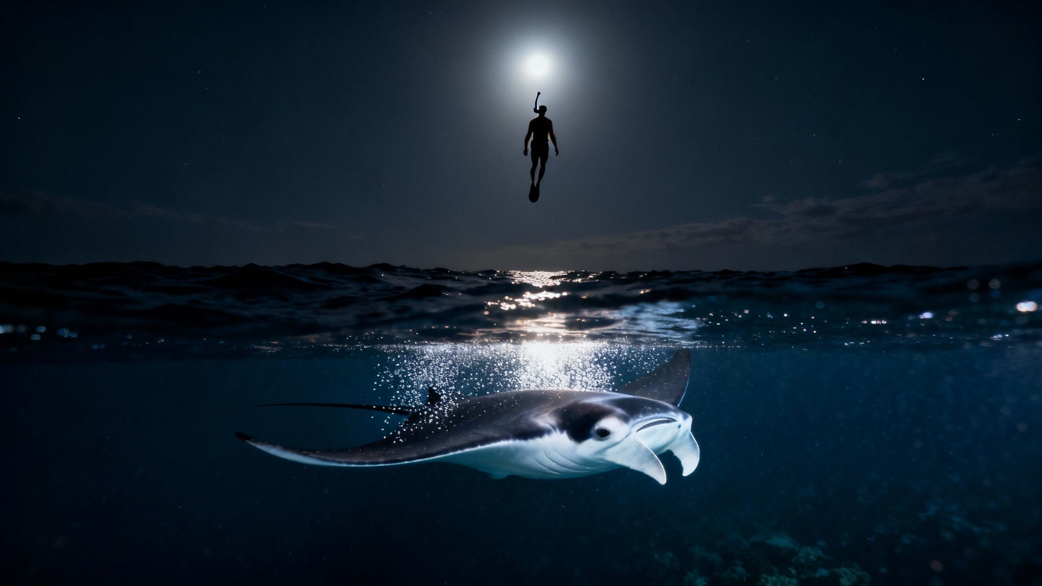 Giant manta ray gracefully gliding through the ocean at night, illuminated by underwater lights.