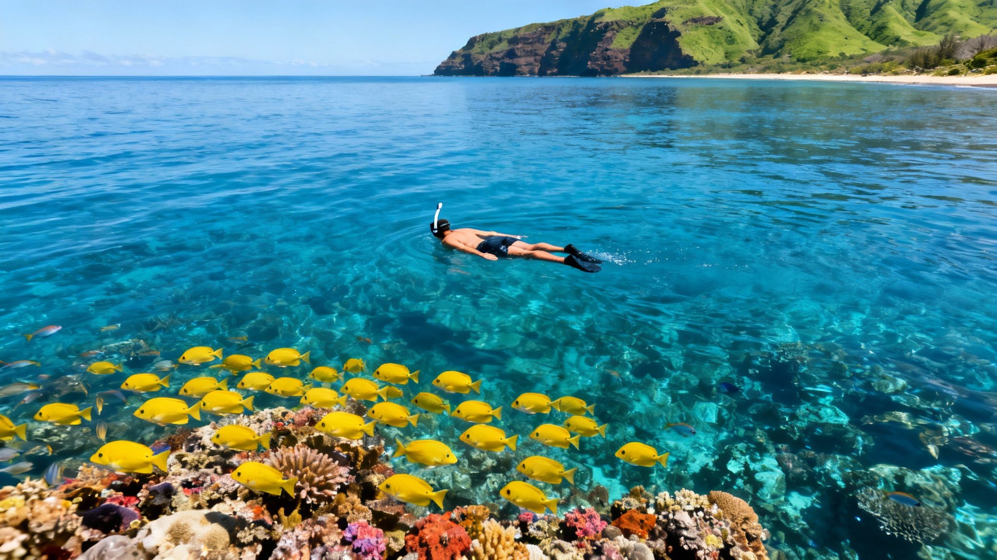 A vibrant underwater scene with a large school of yellow fish swimming over a coral reef in clear blue water.