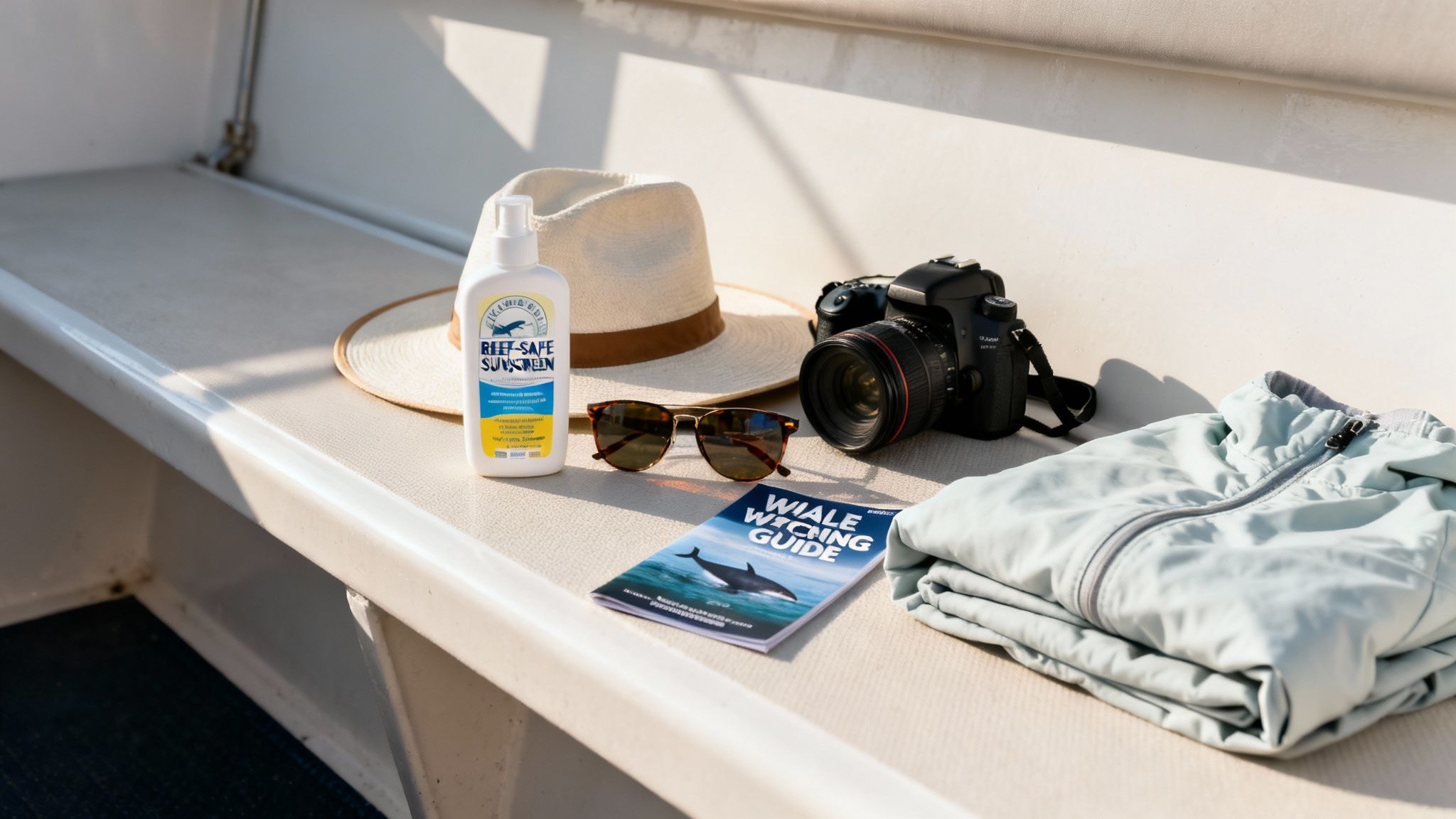 Essentials for a whale watching trip, including reef-safe sunscreen, a hat, camera, and guide.