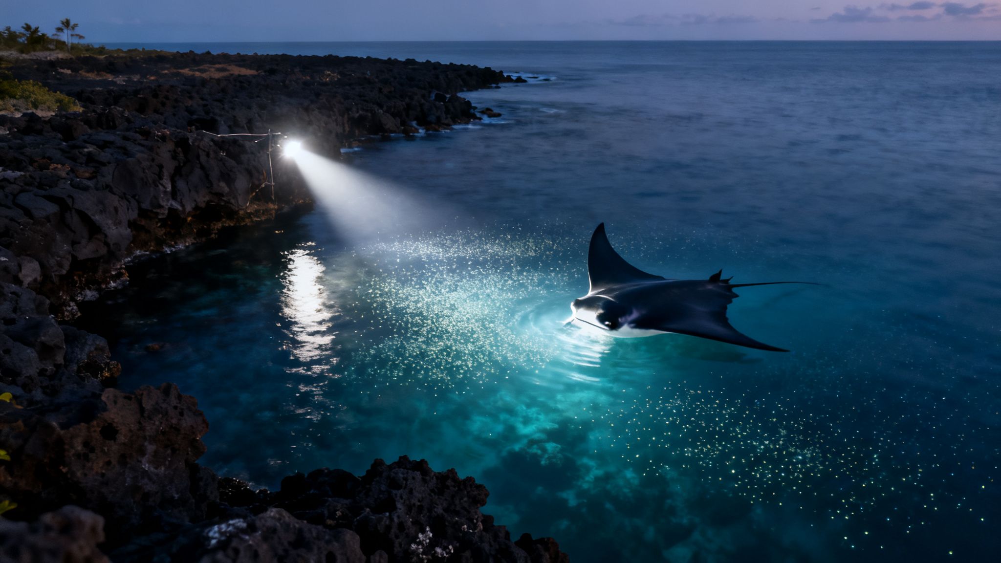 A majestic manta ray glides through bioluminescent water illuminated by a light at night.