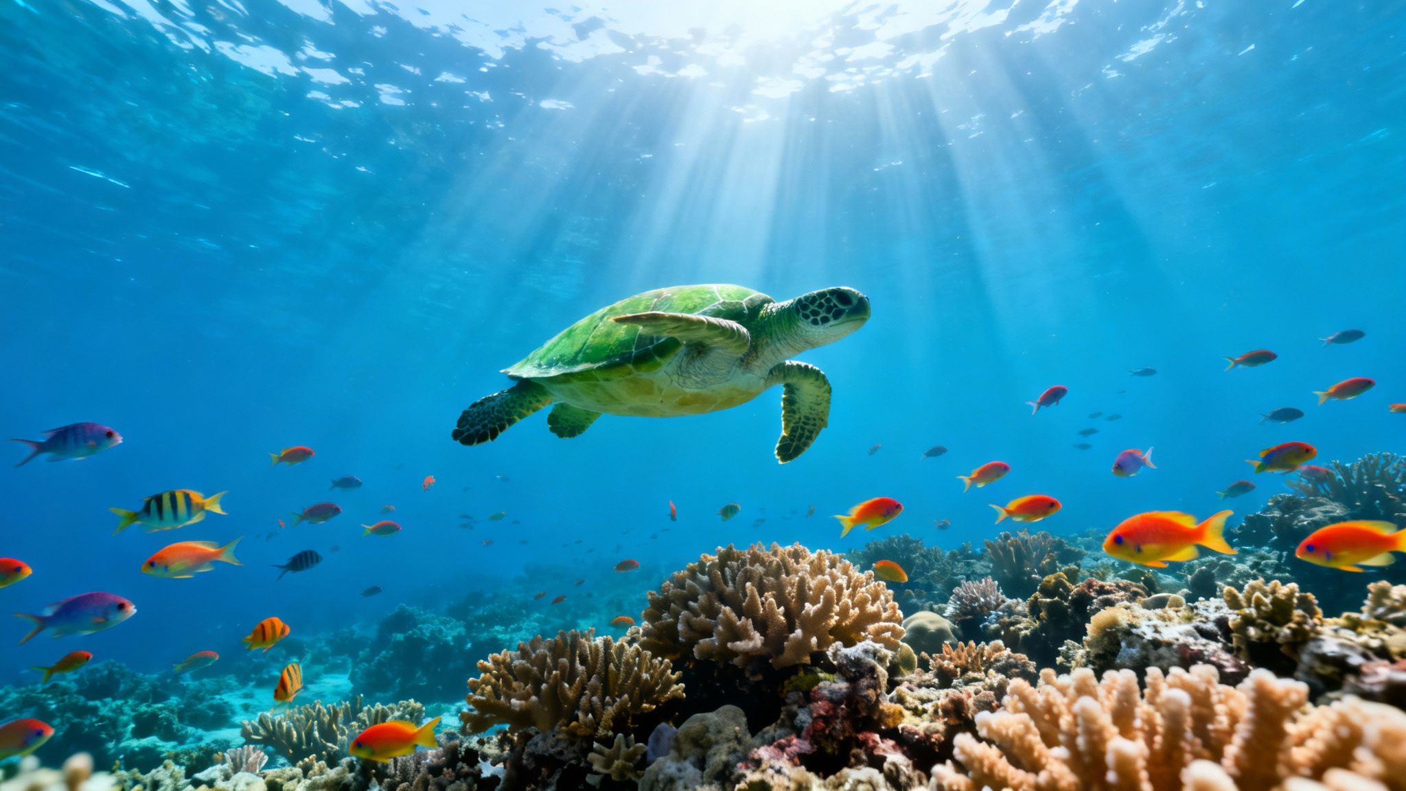 A vibrant underwater scene with a green sea turtle swimming over a coral reef and colorful fish.