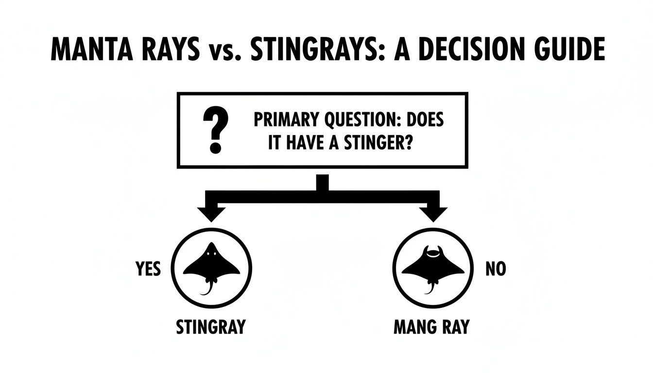 A decision guide flowchart comparing stingrays and manta rays based on whether they have a stinger.