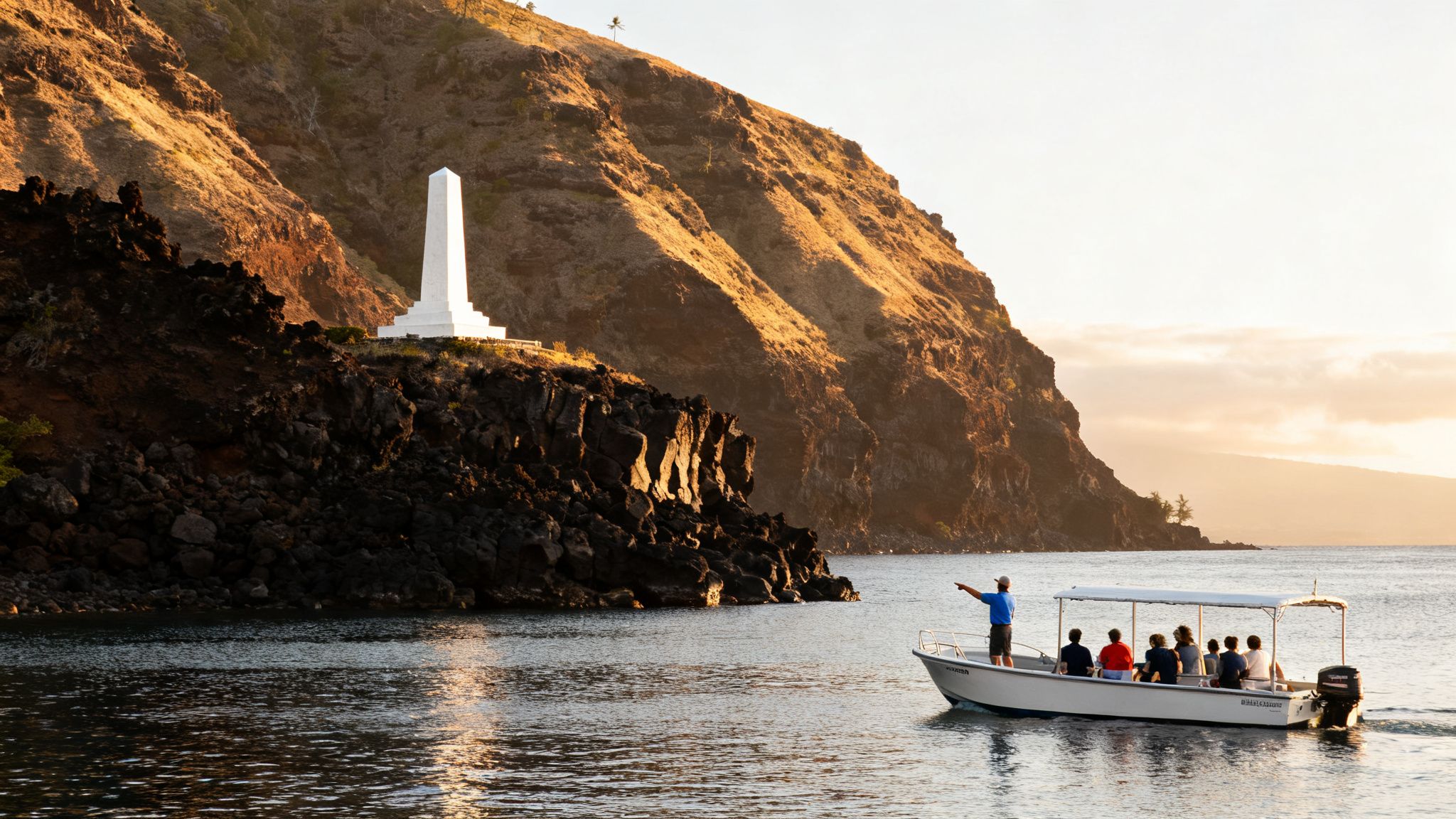 A tour boat with a guide pointing to the white Captain Cook Monument on a sunny, rocky coast.