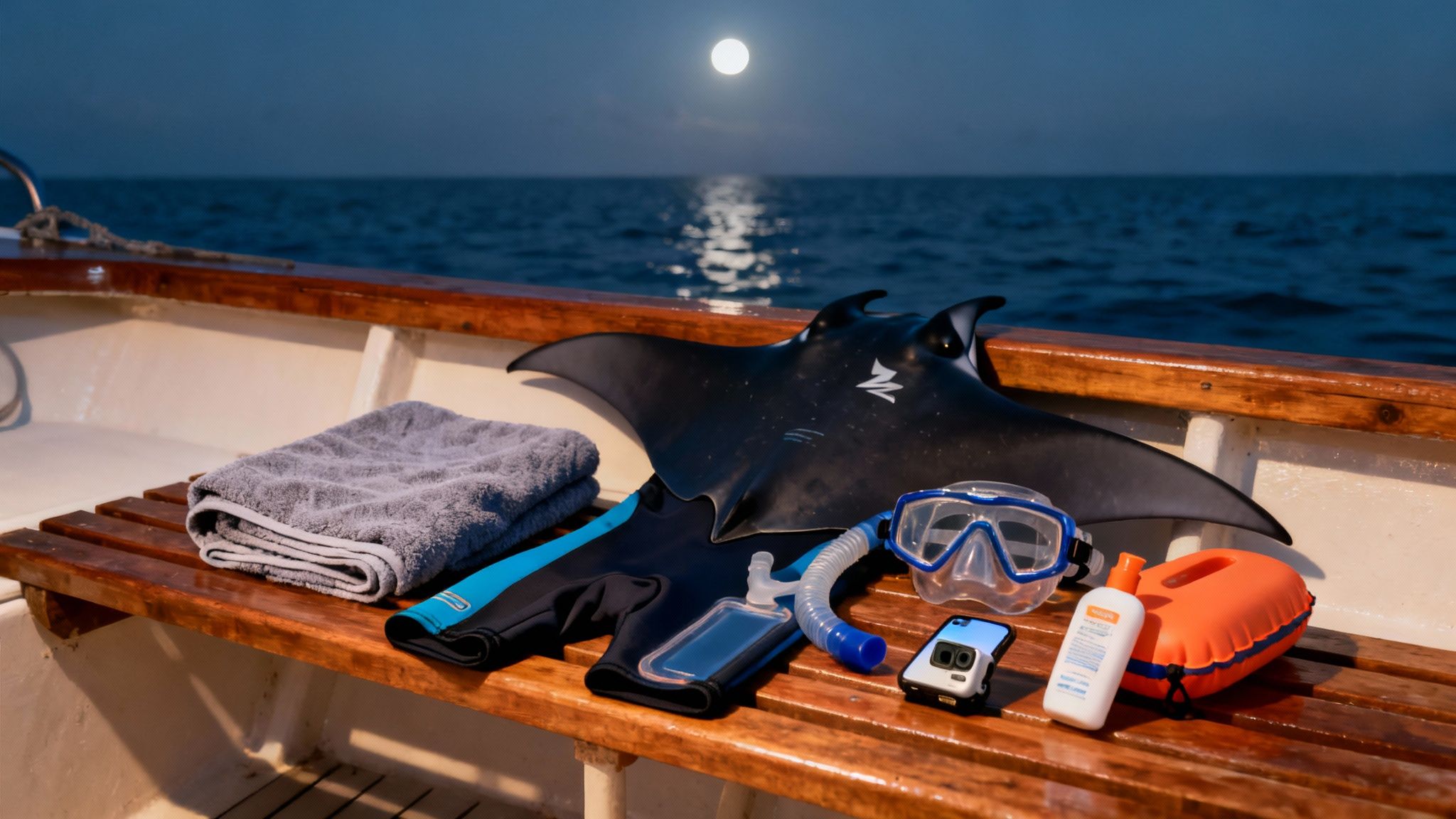 Snorkeling gear, including a wetsuit, mask, and fins, laid out on a boat deck at night with a full moon.