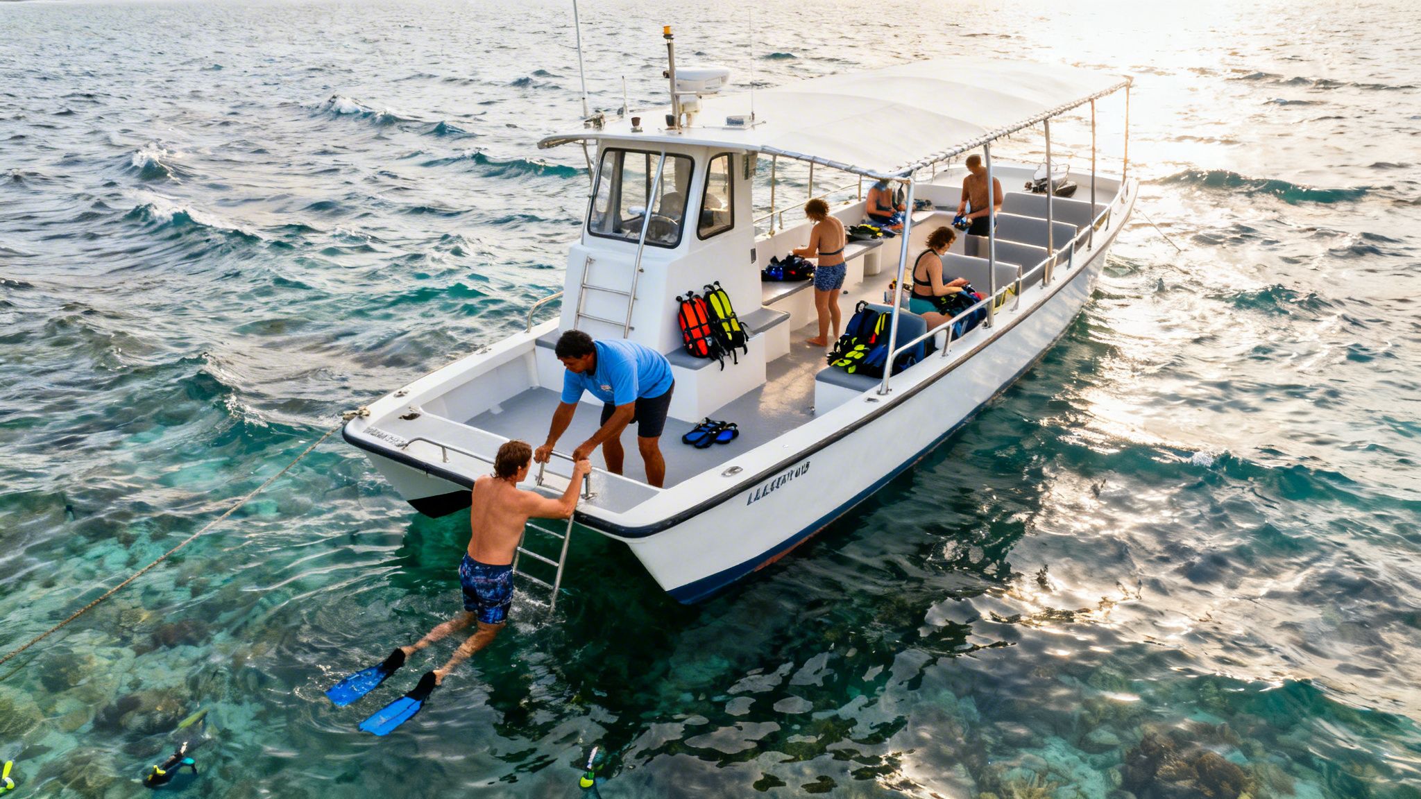 People getting on and off a boat for a snorkel tour in clear ocean water.